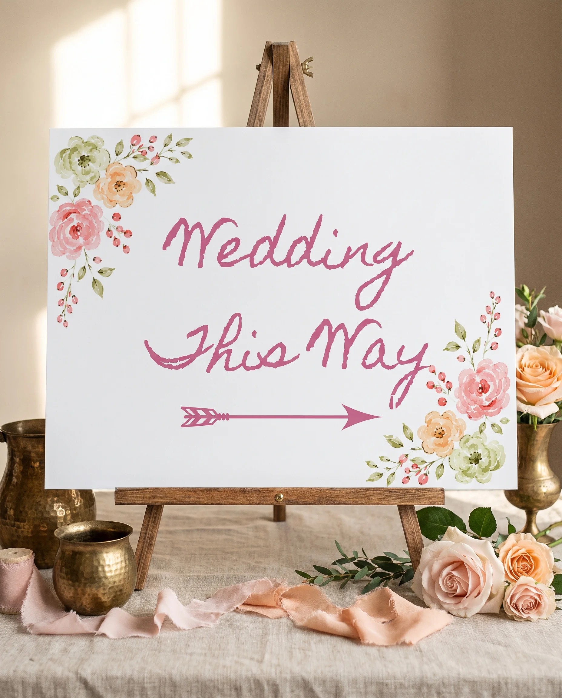 Blush Garland wedding directional sign — displayed on an easel under soft natural light with a slight overhead angle, wedding signs.