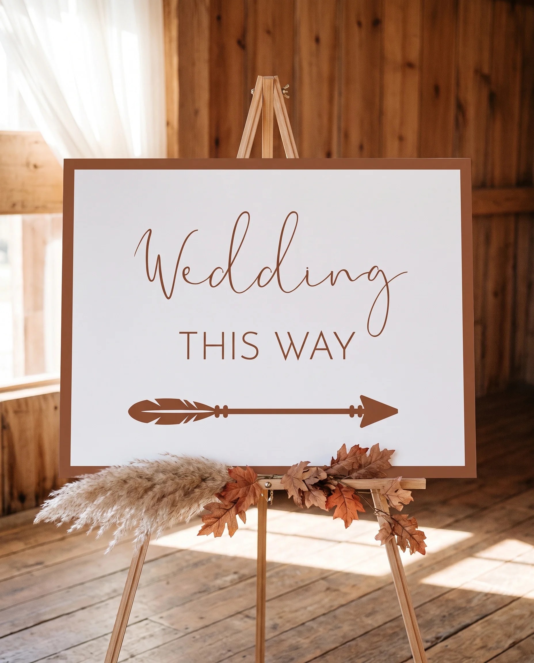 Stevens wedding directional sign — displayed on an easel under soft natural light with a slight overhead angle, wedding signs