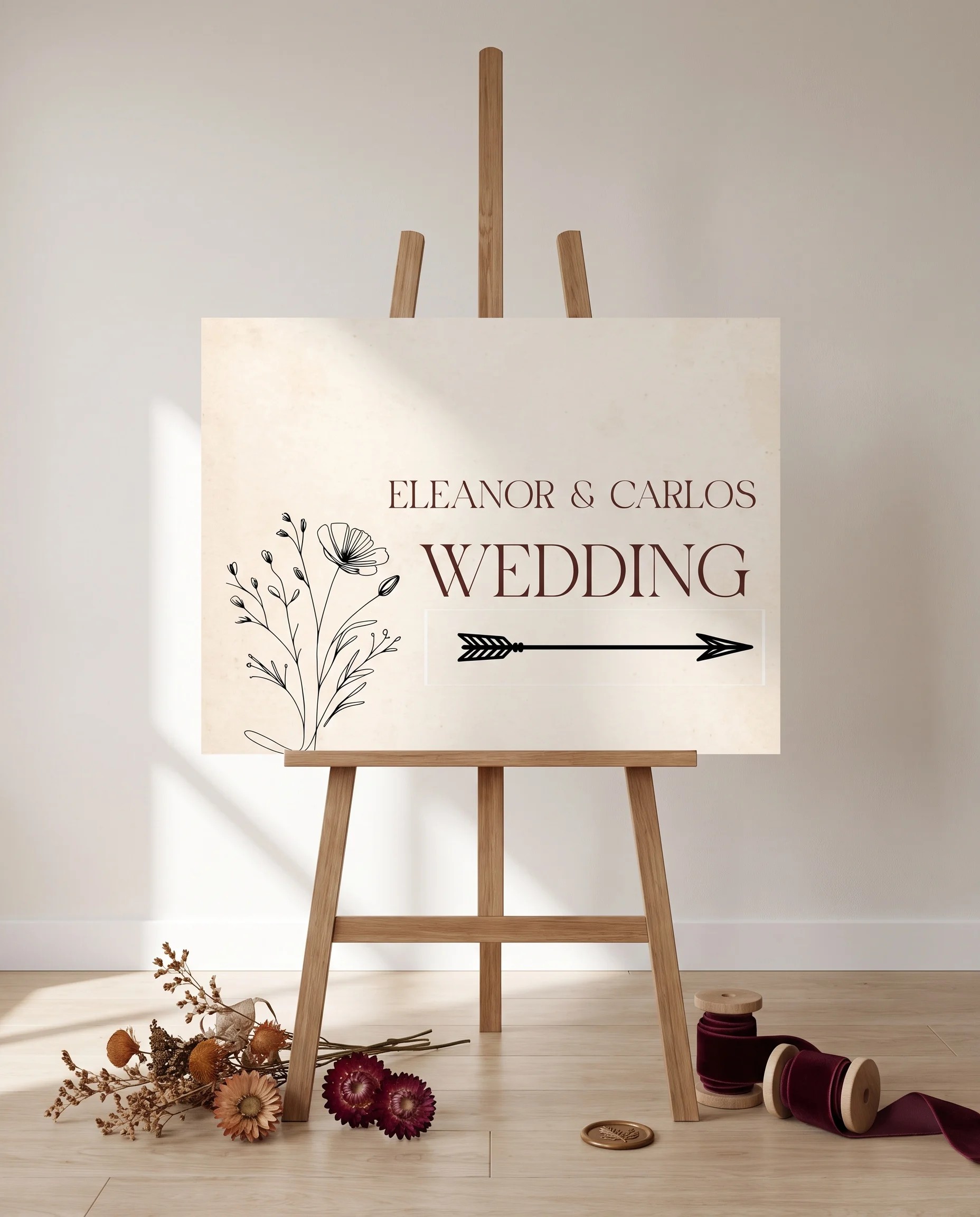 Heritage Bloom wedding directional sign — displayed on an easel under soft natural light at a slight overhead angle, wedding signs