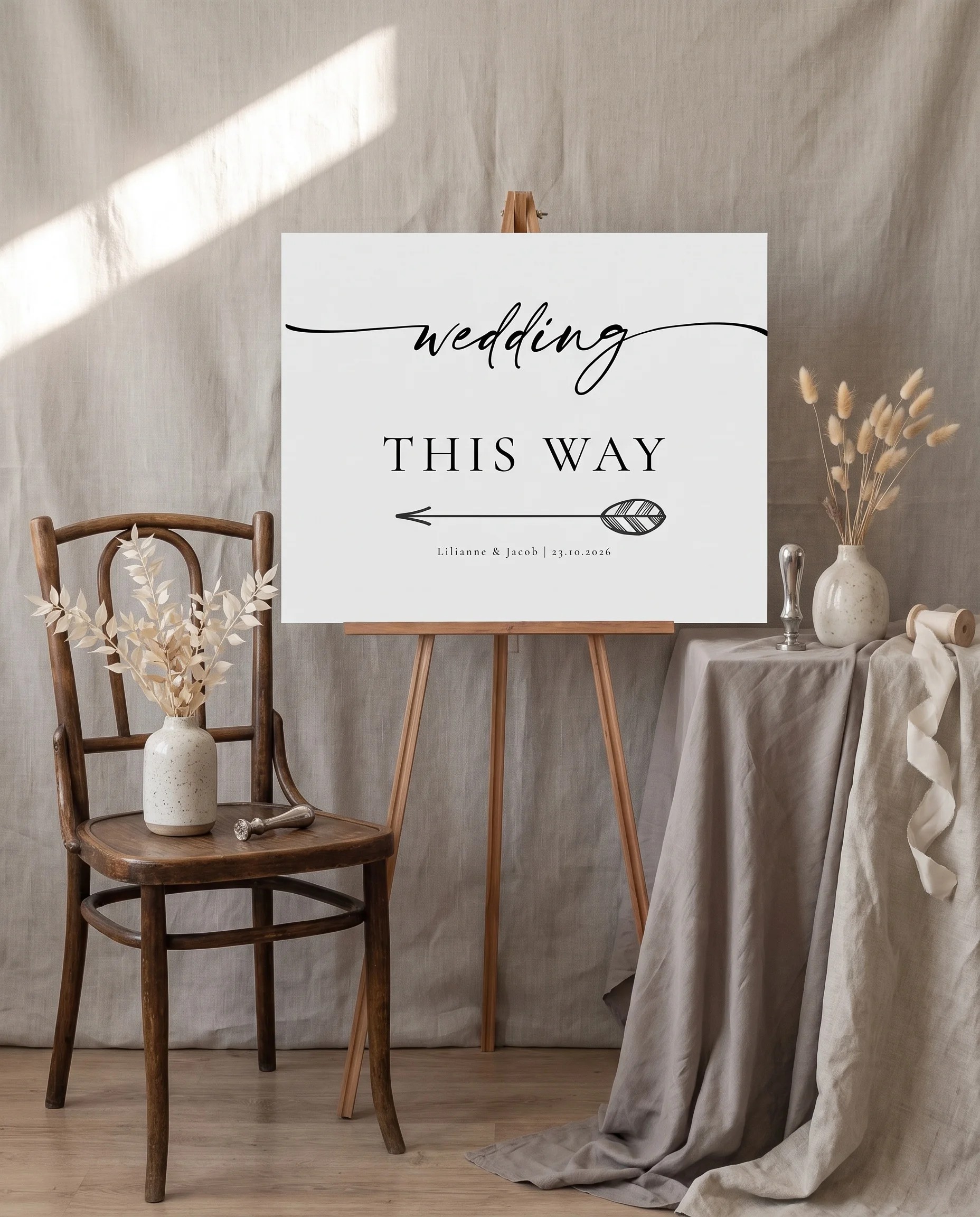 Tonal Reply wedding directional sign — shown beside furniture for scale with soft natural light and a slight overhead angle, printable wedding signs.
