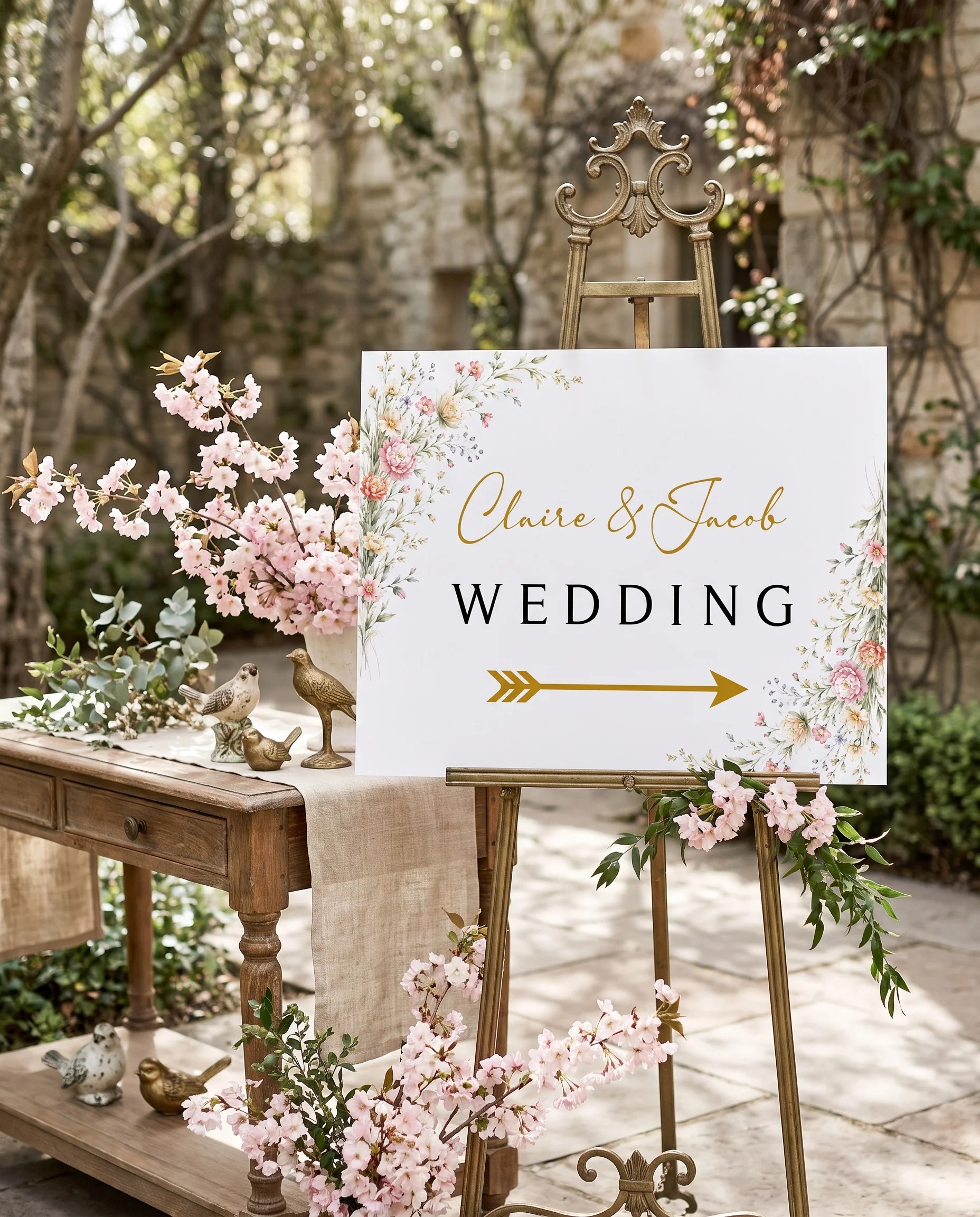 Petal Arbor wedding directional sign — shown beside furniture for scale under soft natural light, printable wedding signs.