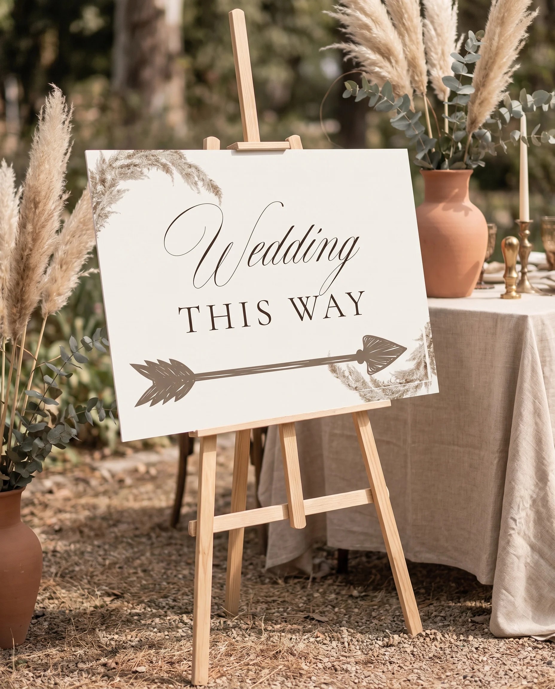 Pampas wedding directional sign — displayed in a wedding venue setting under soft natural light with slight overhead angle, wedding signage