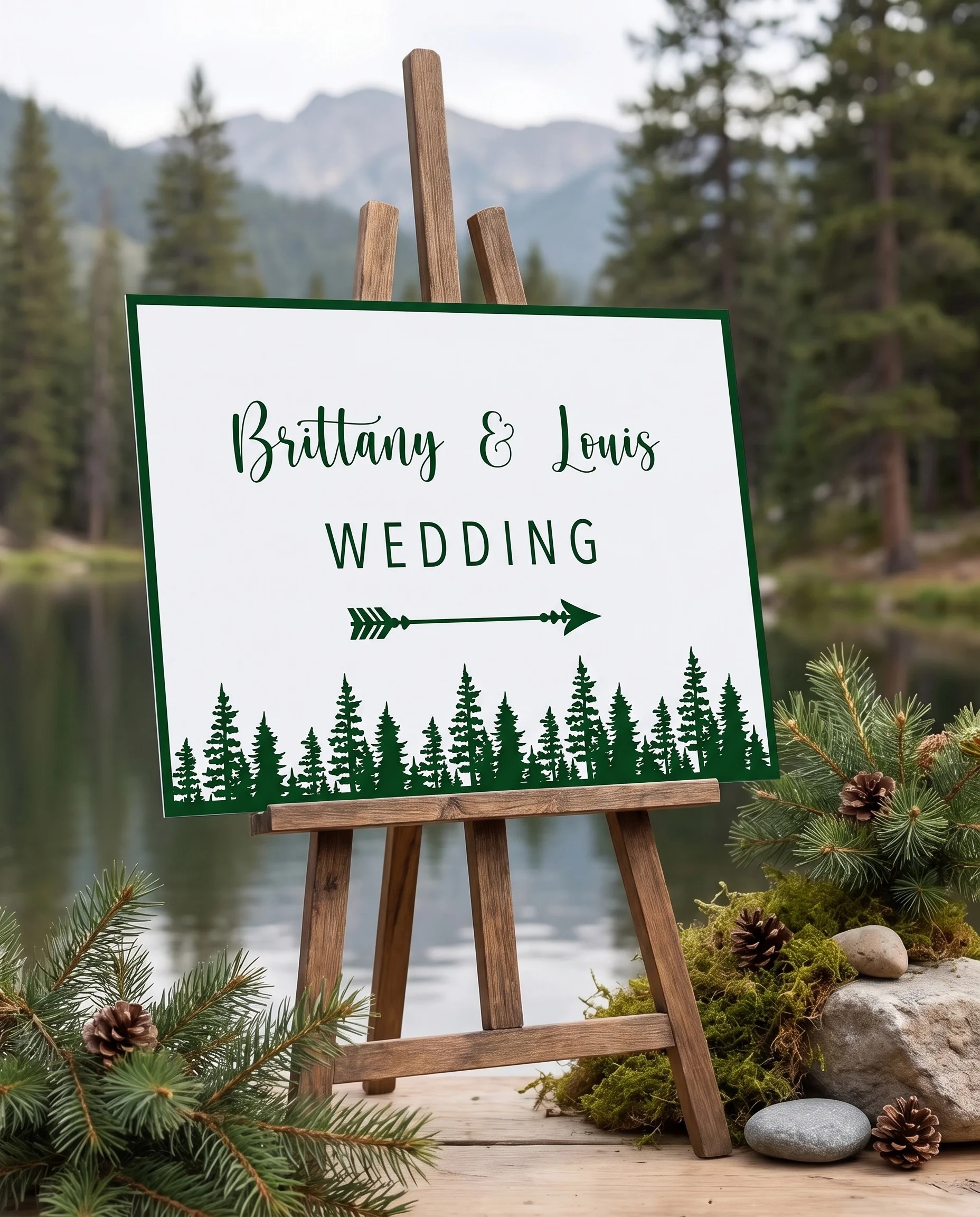 Evergreen Star wedding directional sign — displayed in a wedding venue setting under soft natural light, wedding signage