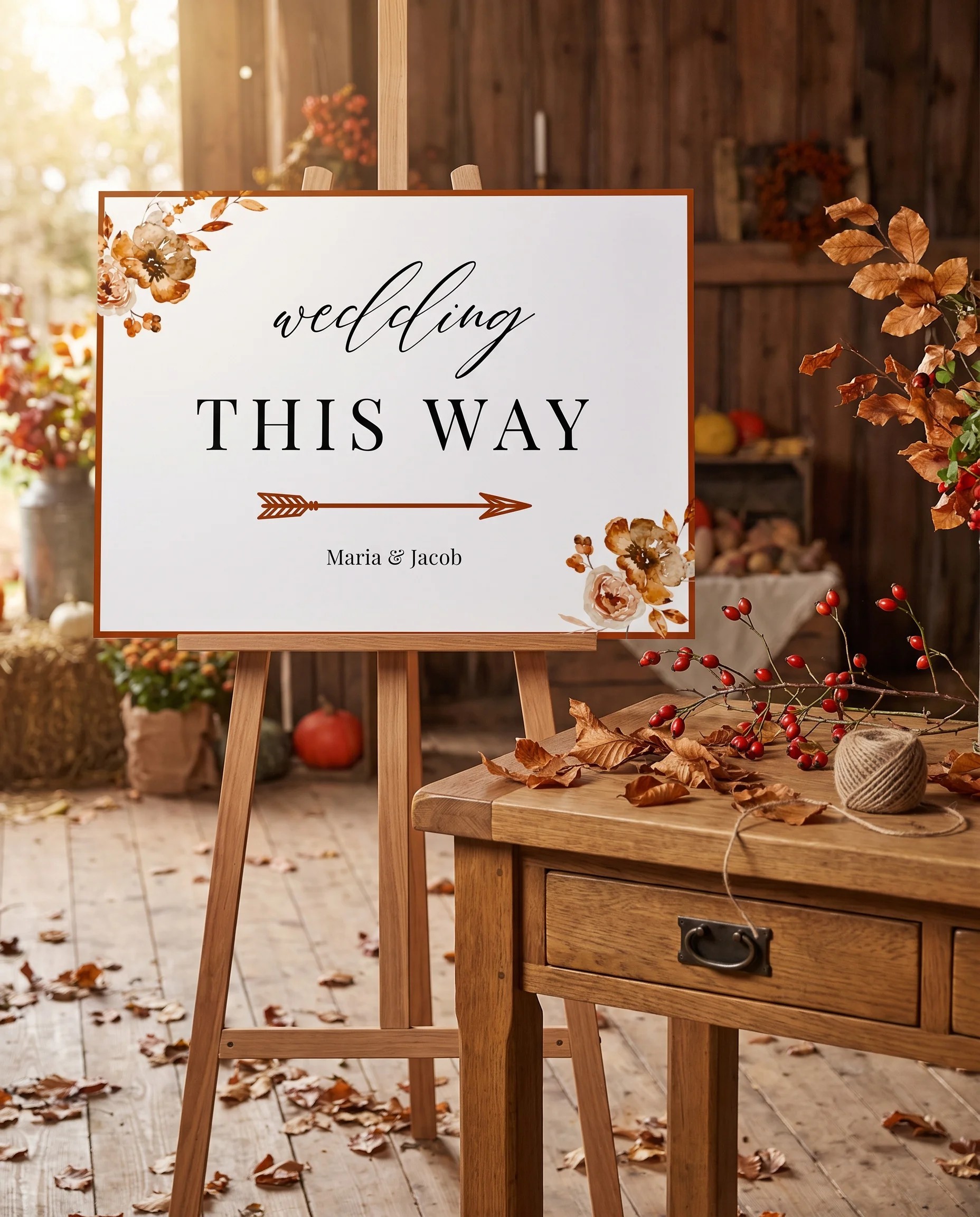 Autumn Bramble wedding directional sign — shown beside furniture for scale under soft natural light, printable wedding signs.