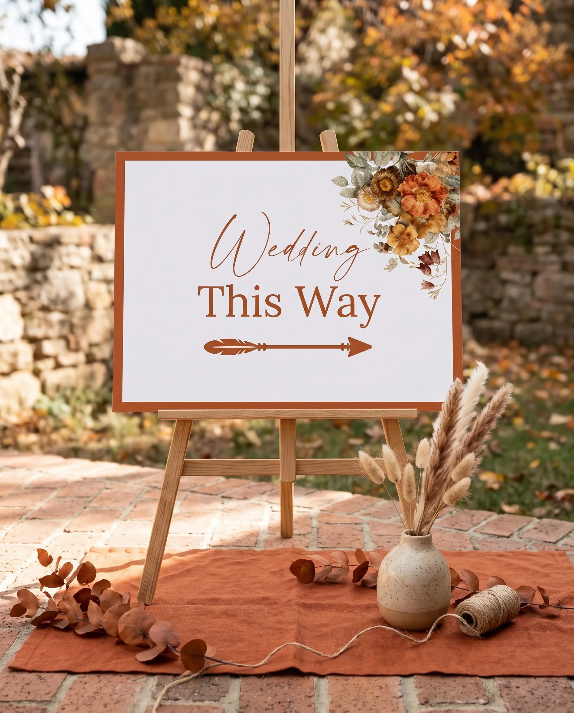 Terracotta Crown wedding directional sign — displayed on an easel under soft natural light with a slight overhead angle, wedding signs