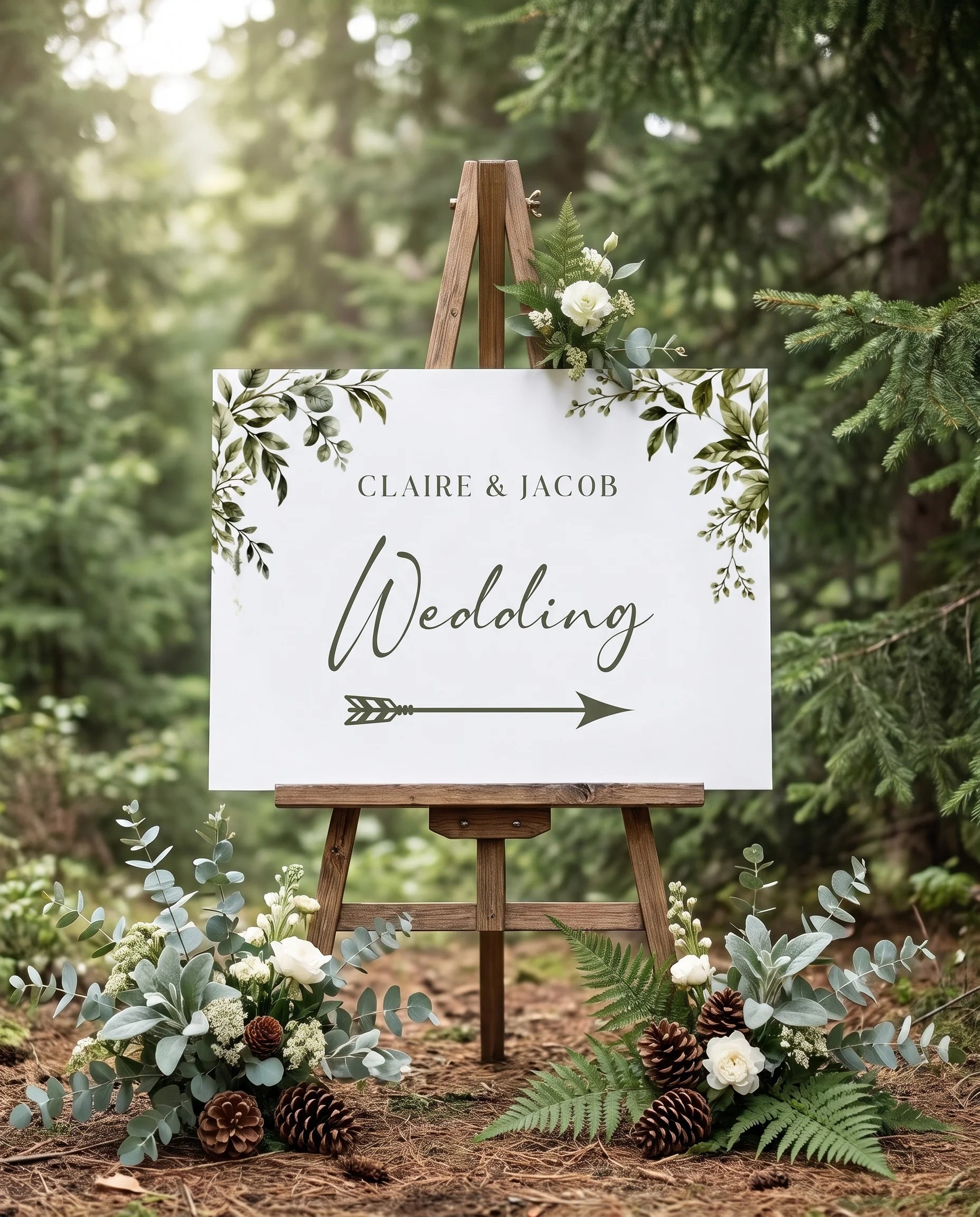 Canopy Grove wedding directional sign — shown in a wedding venue setting under soft natural light with a slight overhead angle, wedding signage