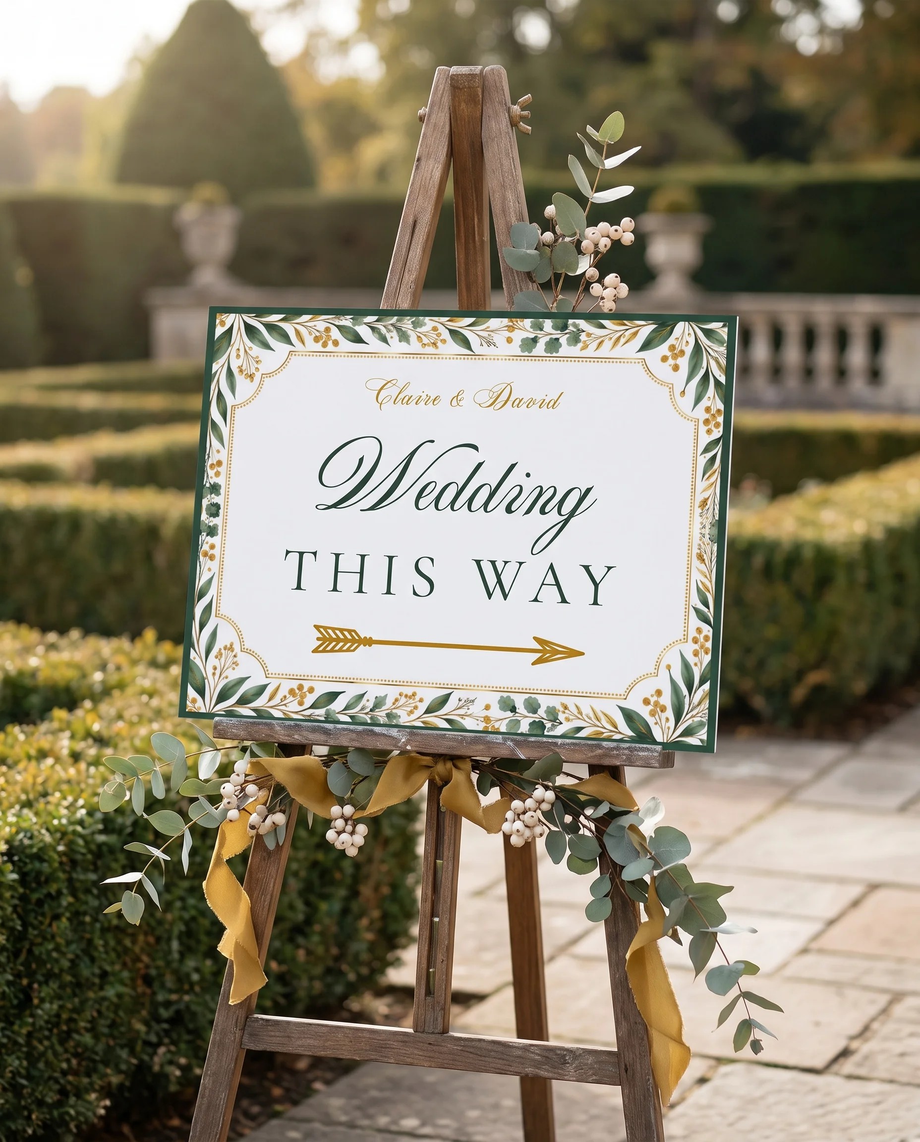 Gilded Foliage wedding directional sign — displayed in a wedding venue setting under soft natural light, wedding signage