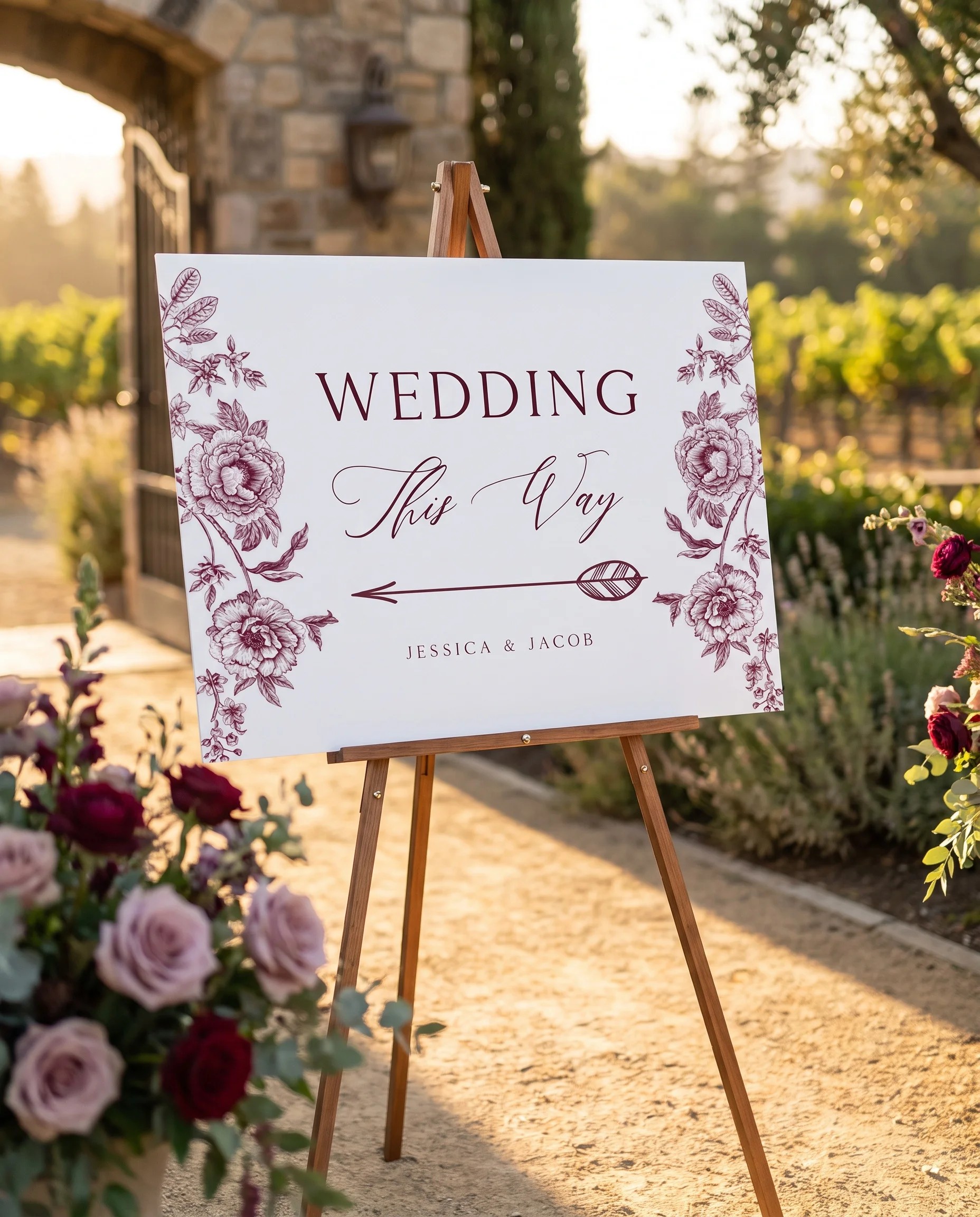 Chantilly wedding directional sign — shown in a wedding venue setting under soft natural light with a slight overhead angle, wedding signage.