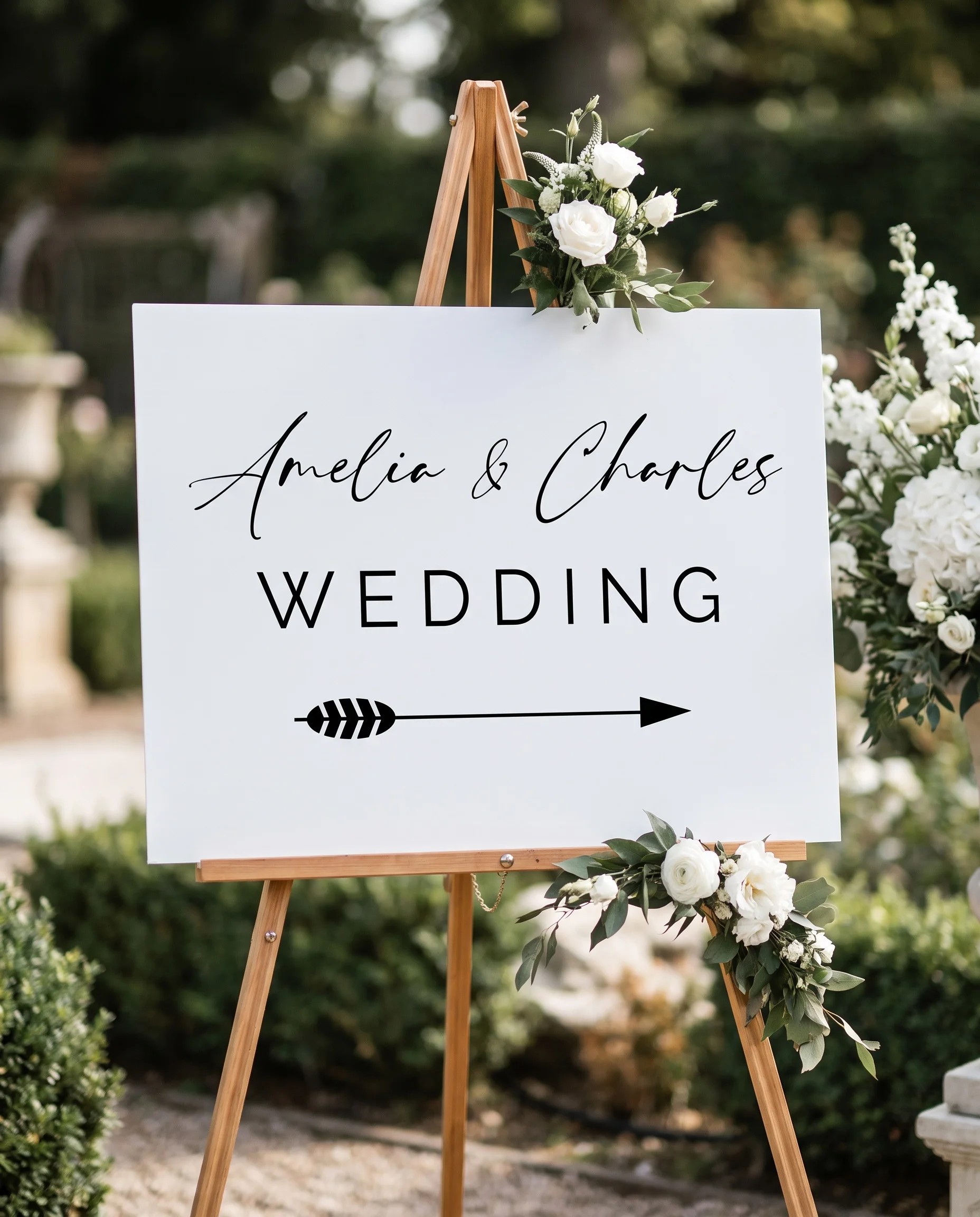 Cathedral wedding directional sign — displayed in a wedding venue setting under soft natural light with a slight overhead angle, wedding signage