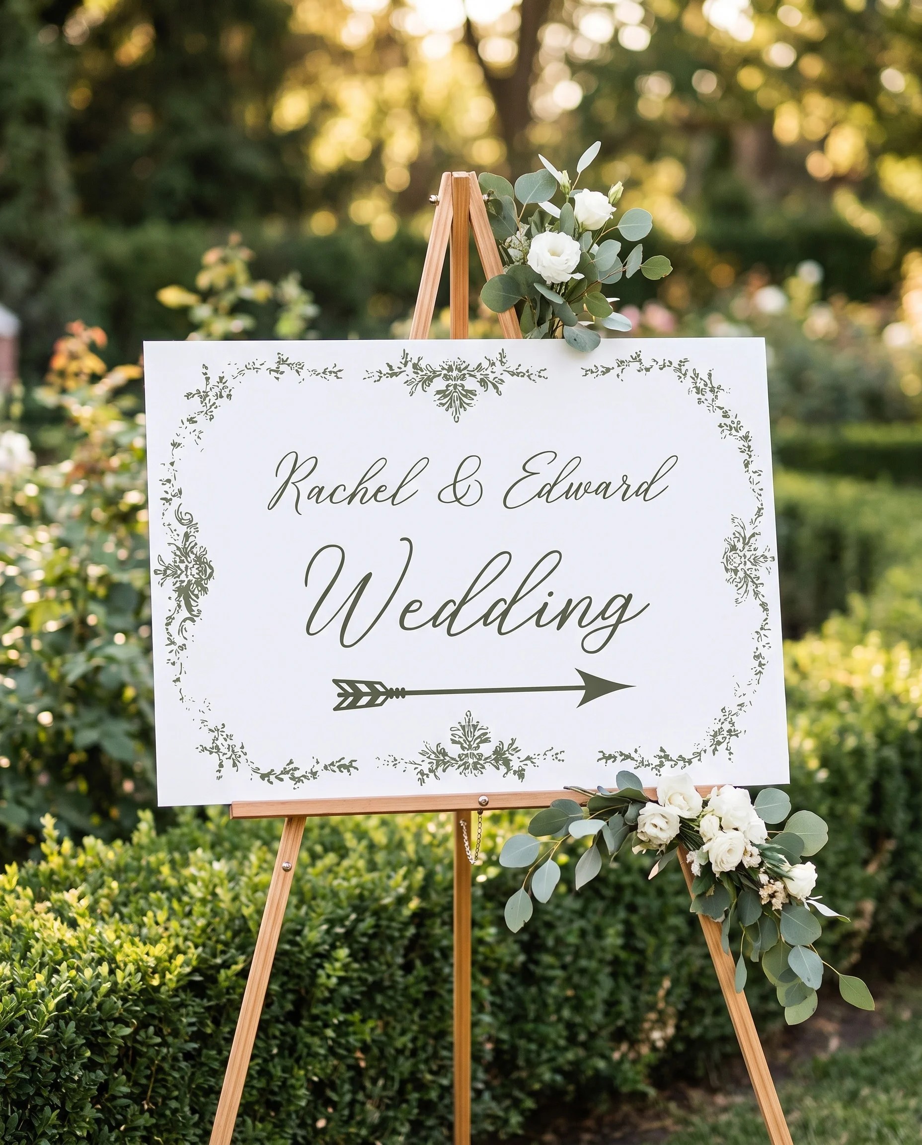 Sage Crest wedding directional sign — displayed in a wedding venue setting under soft natural light, wedding signage.