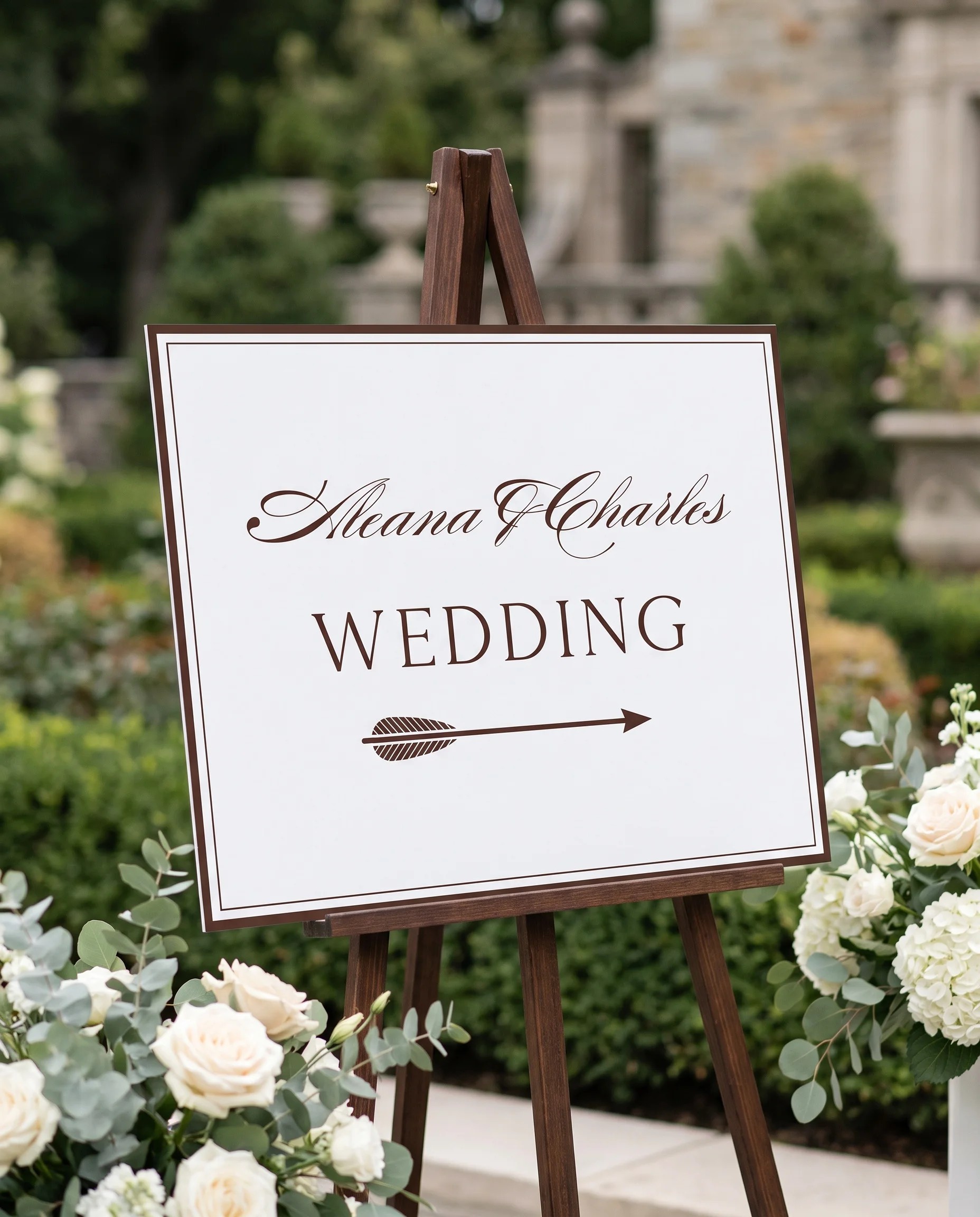 Velour wedding directional sign — shown in a venue setting on premium editorial paper with a slight overhead angle, wedding signage.