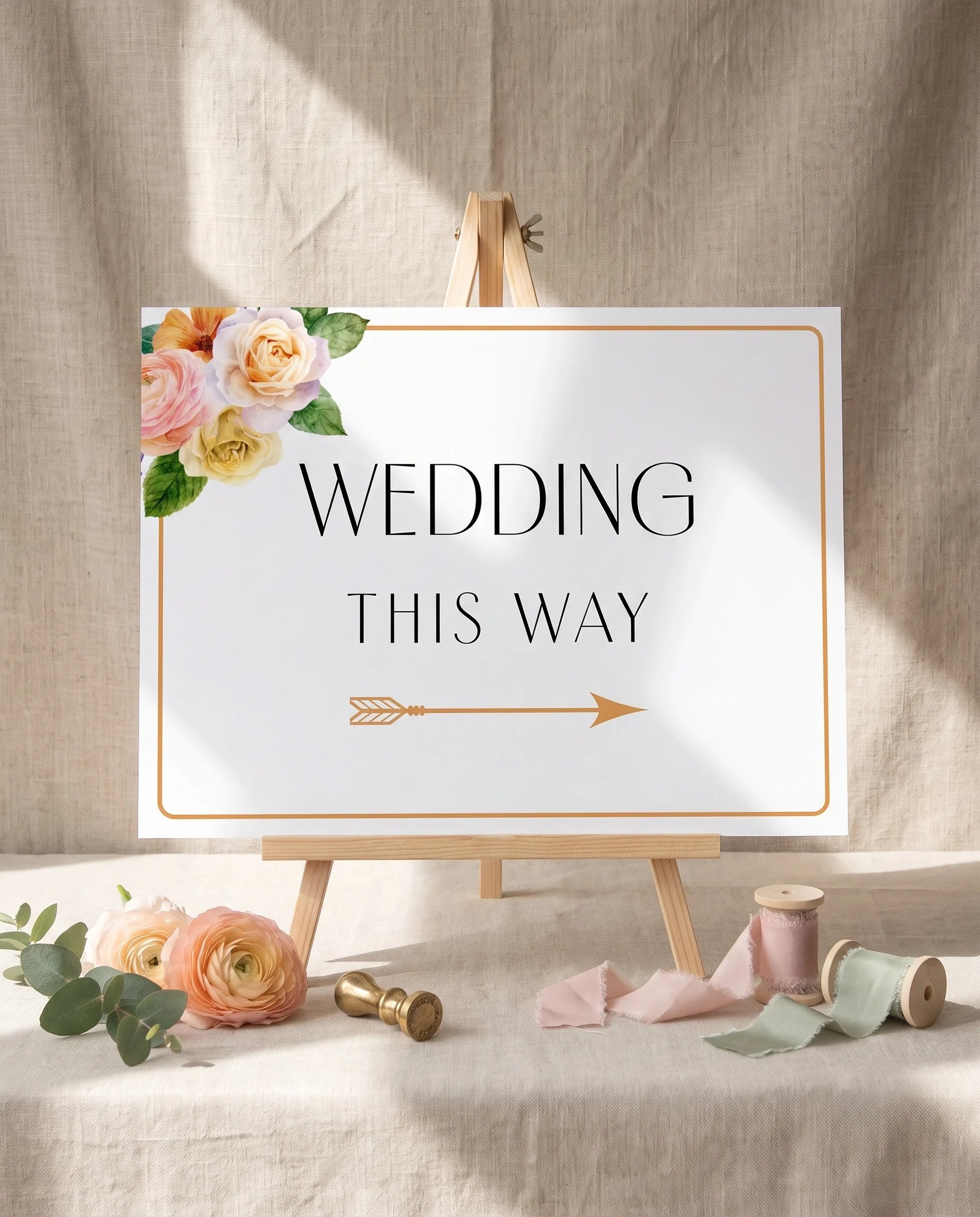 Petal Glade wedding directional sign — displayed on an easel under soft natural light at a slight overhead angle, wedding signs