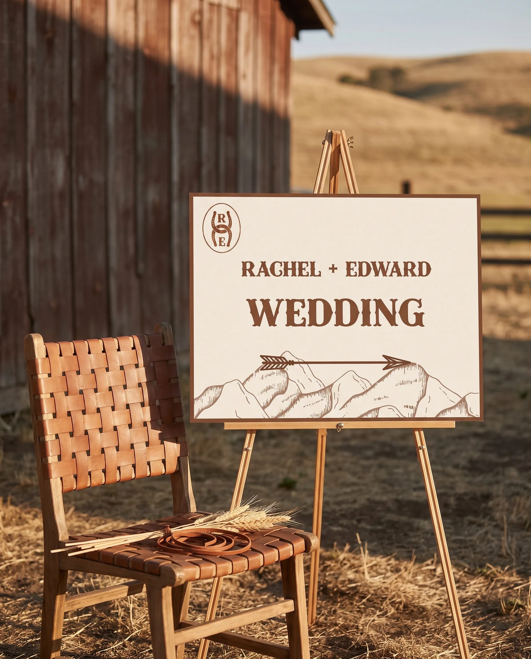 Saddle Crest wedding directional sign — shown beside furniture for scale on premium editorial paper under soft natural light, printable wedding signs.