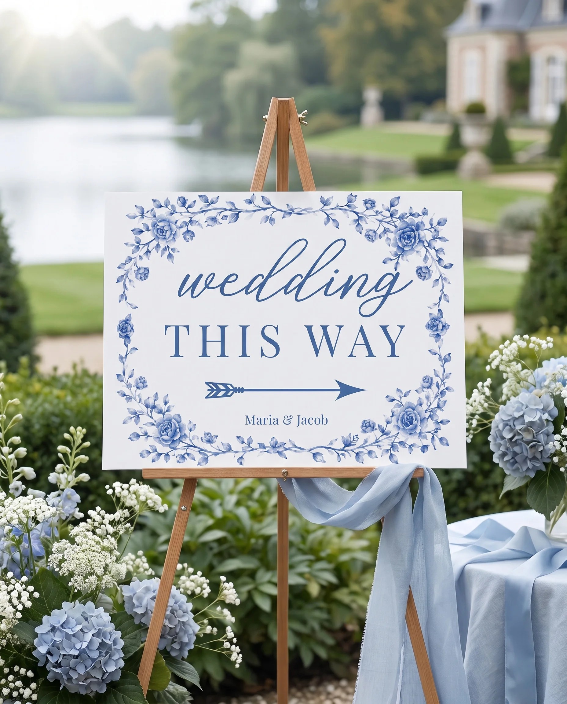 Blue Heron wedding directional sign — shown beside furniture for scale with a slight overhead angle, printable wedding signs.