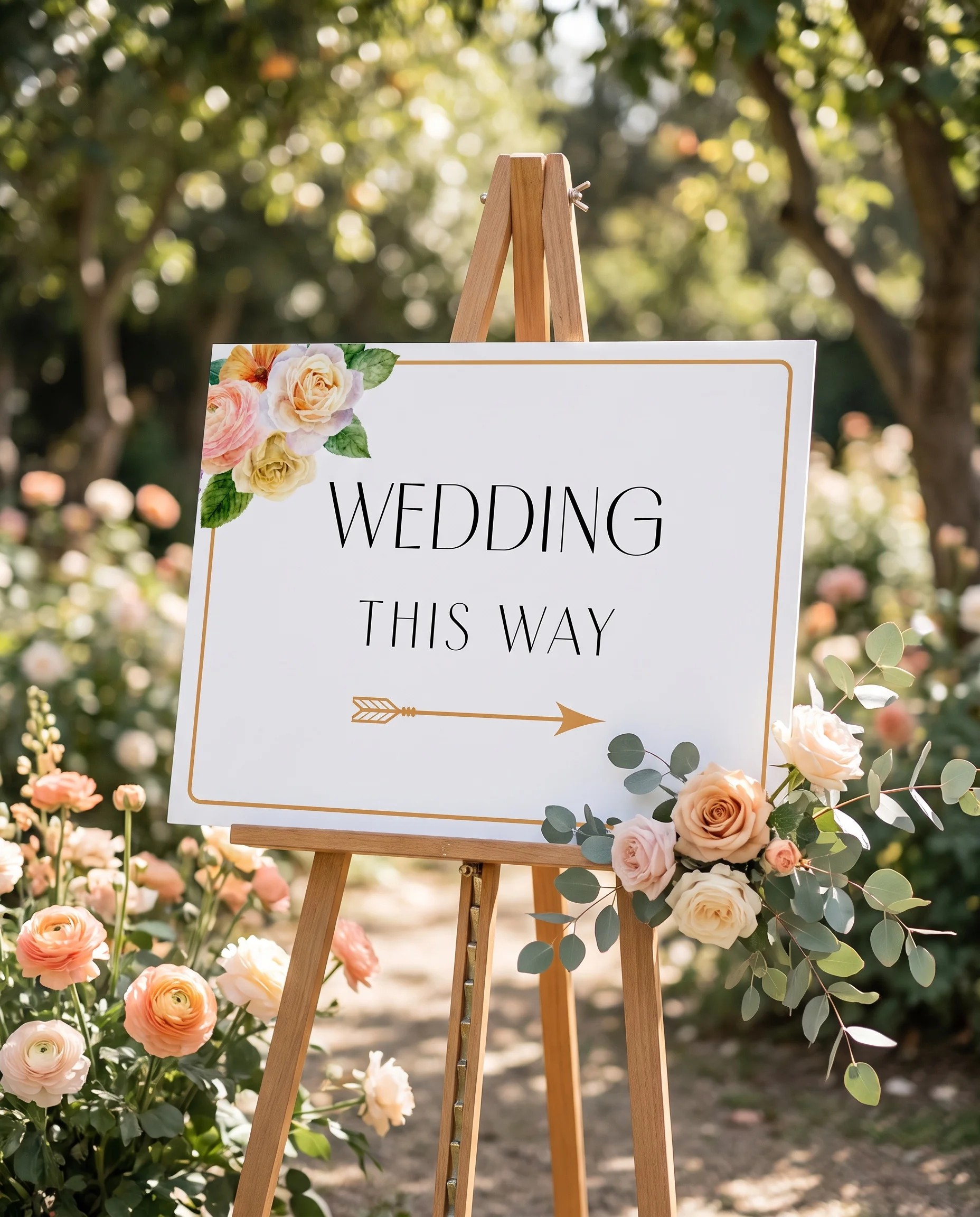 Petal Glade wedding directional sign — shown in a wedding venue setting under soft natural light, wedding signage.