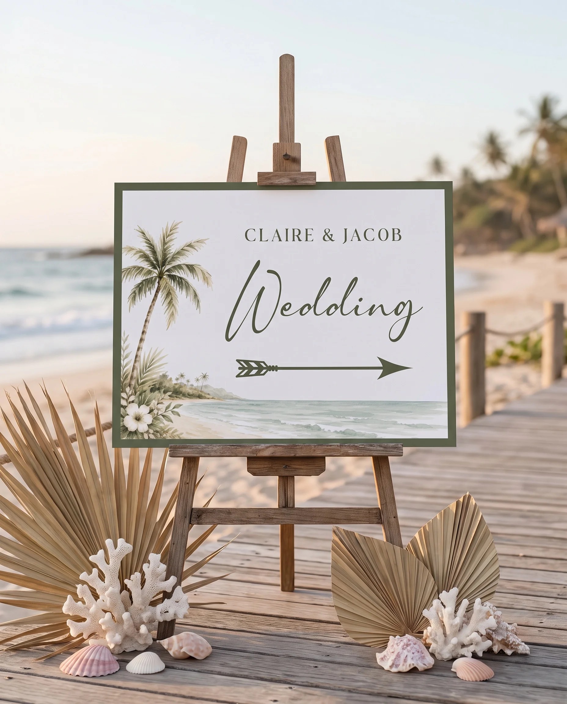 Palmetto Shore wedding directional sign displayed on an easel with soft natural light and a slight overhead angle, wedding signs.