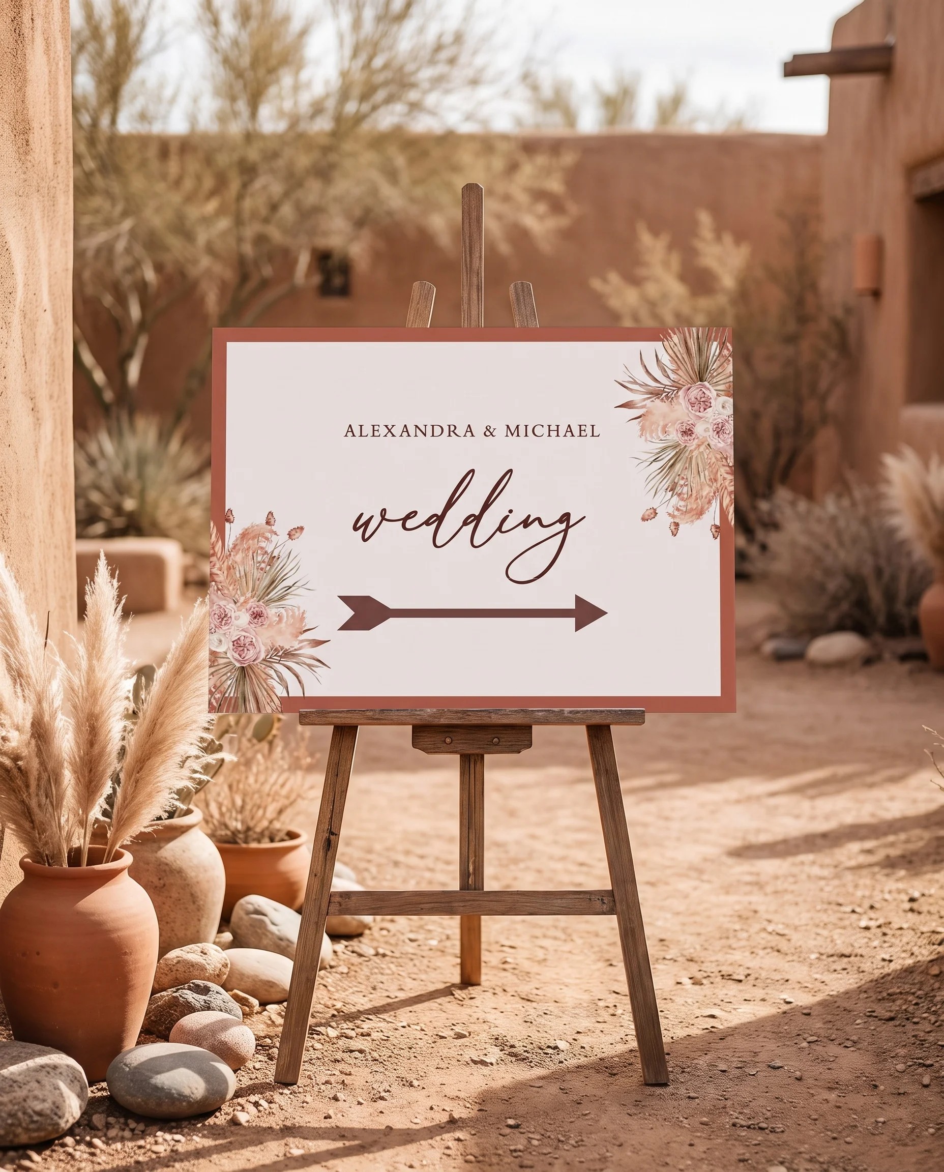 Desert Bloom wedding directional sign — displayed in a wedding venue setting under soft natural light, wedding signage.