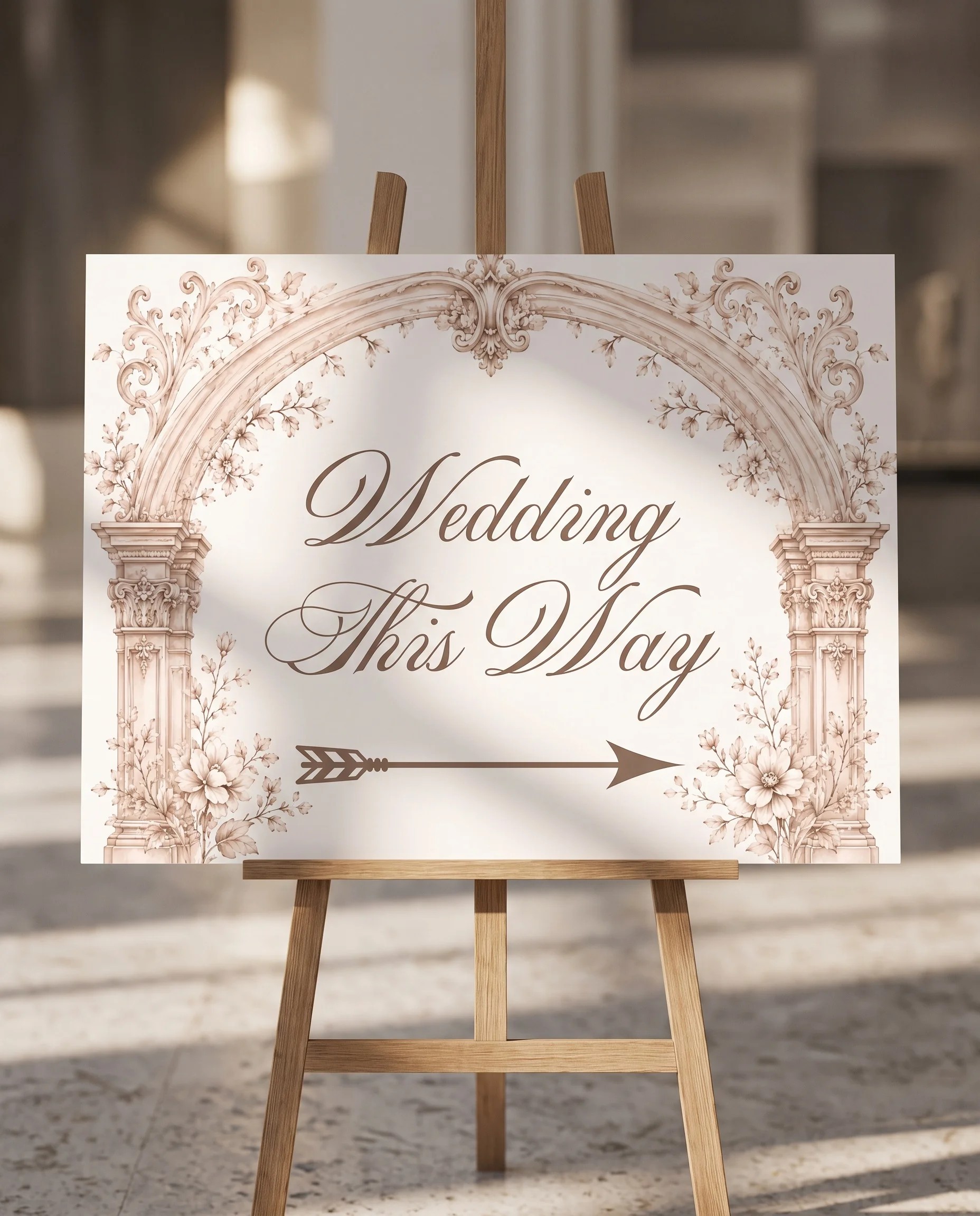 Hinge Script wedding directional sign — shown beside furniture for scale, under soft natural light on editorial paper, printable wedding signs.