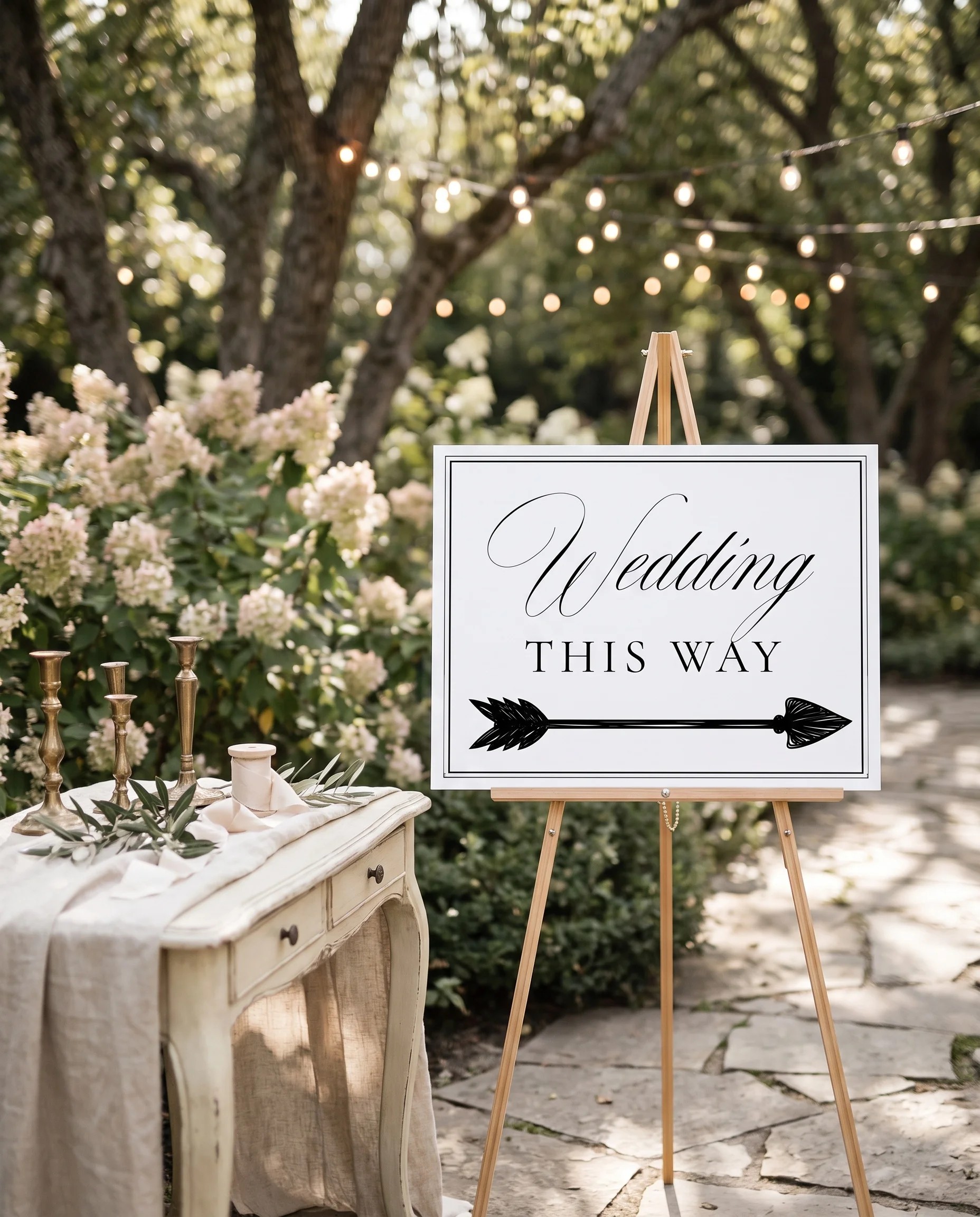 Heirloom wedding directional sign — page shown beside furniture for scale under soft natural overhead light, printable wedding signs