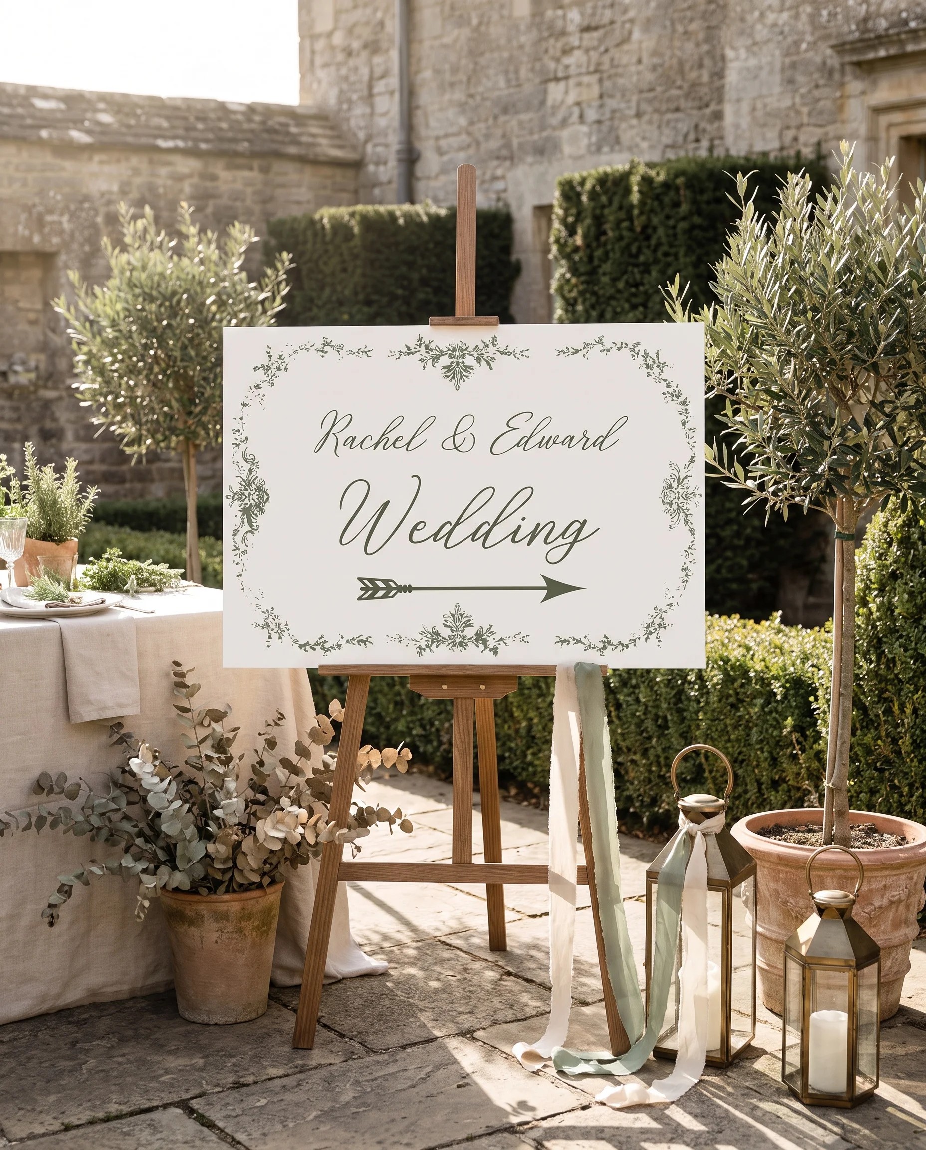 Sage Crest wedding directional sign — displayed on an easel under soft natural light with a slight overhead angle, wedding signs.