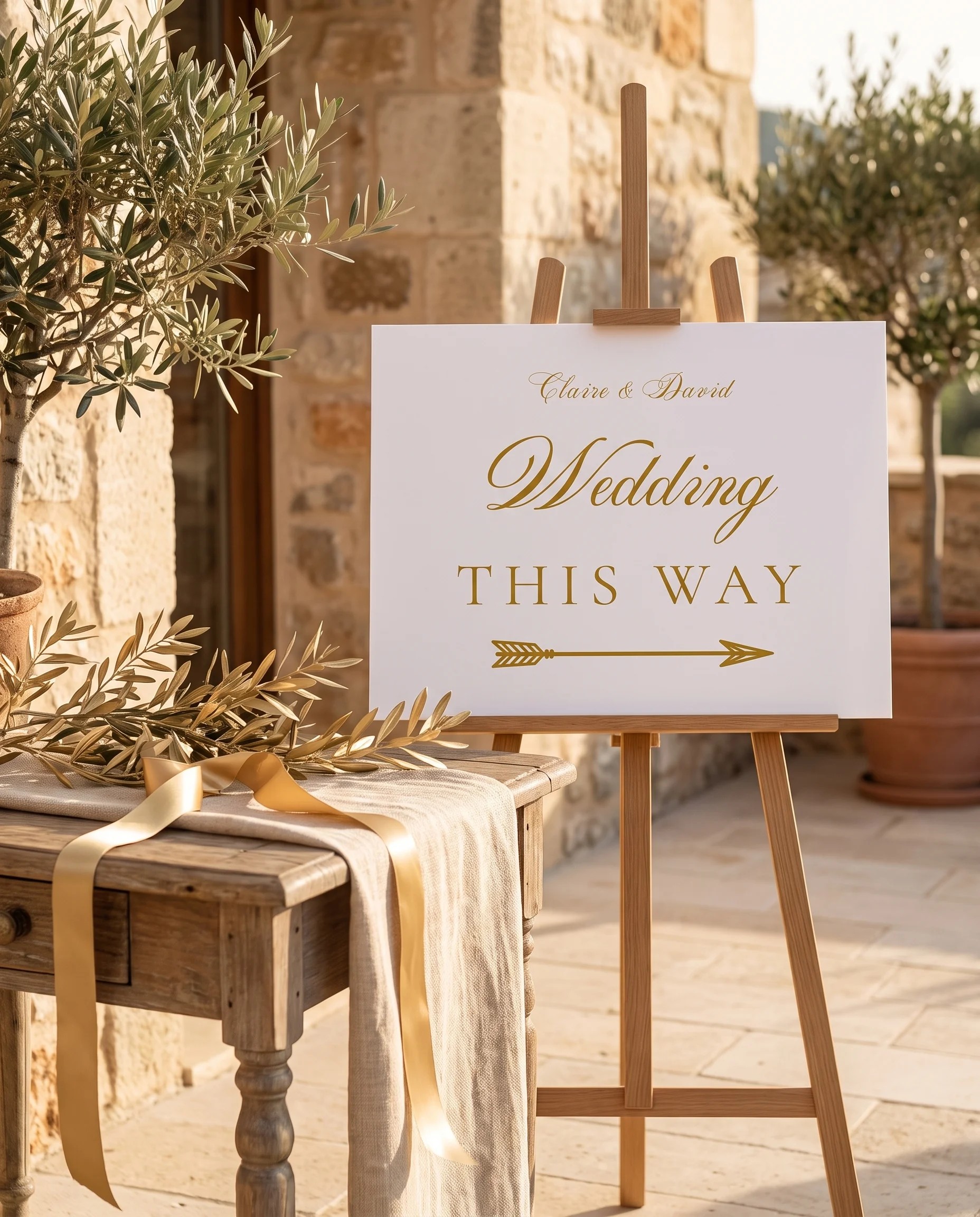 Gilded Arrow wedding directional sign — shown beside furniture for scale on premium editorial paper under soft natural light, printable wedding signs.