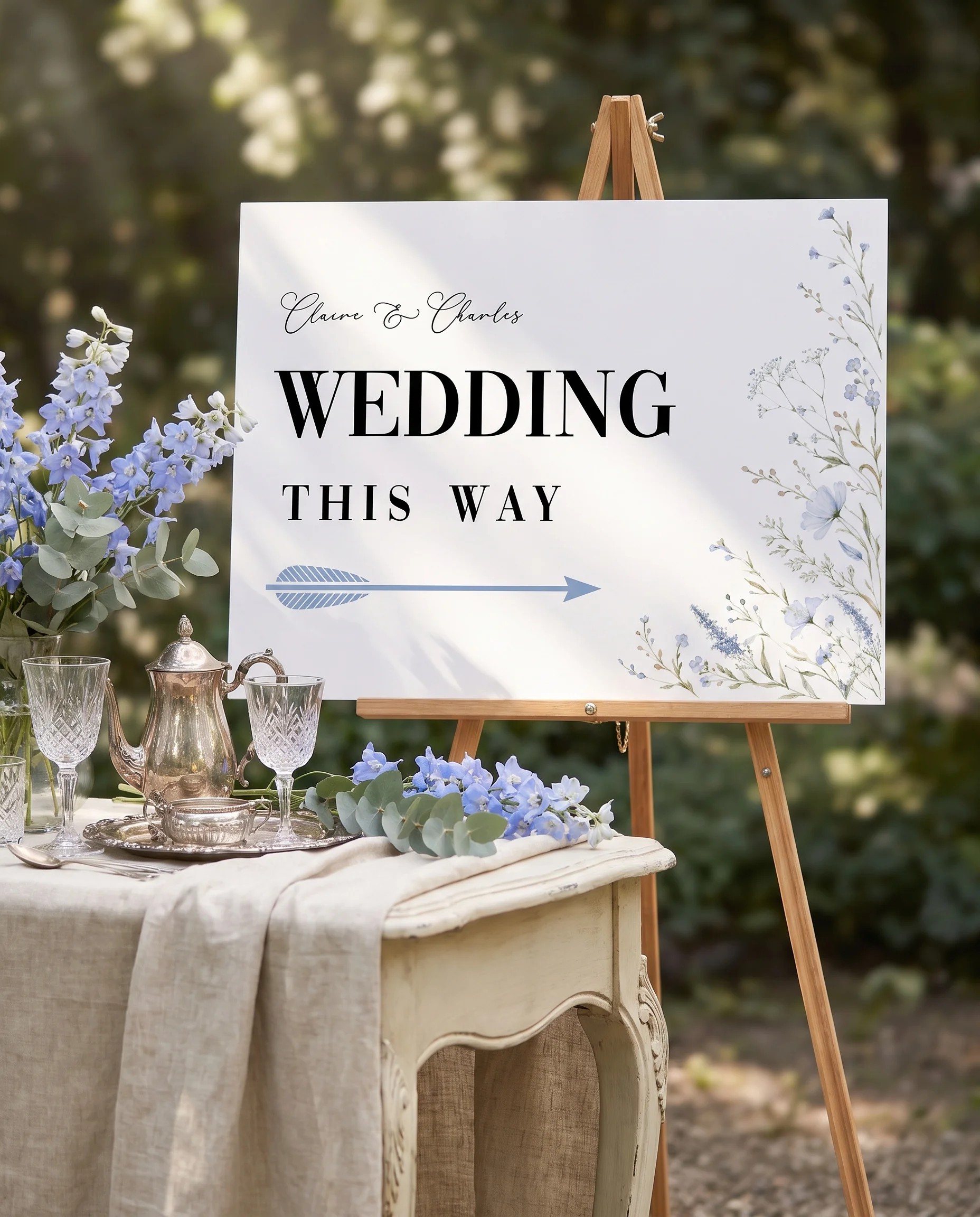 Azure Sprig wedding directional sign — shown beside furniture for scale under soft natural light, printable wedding signs.