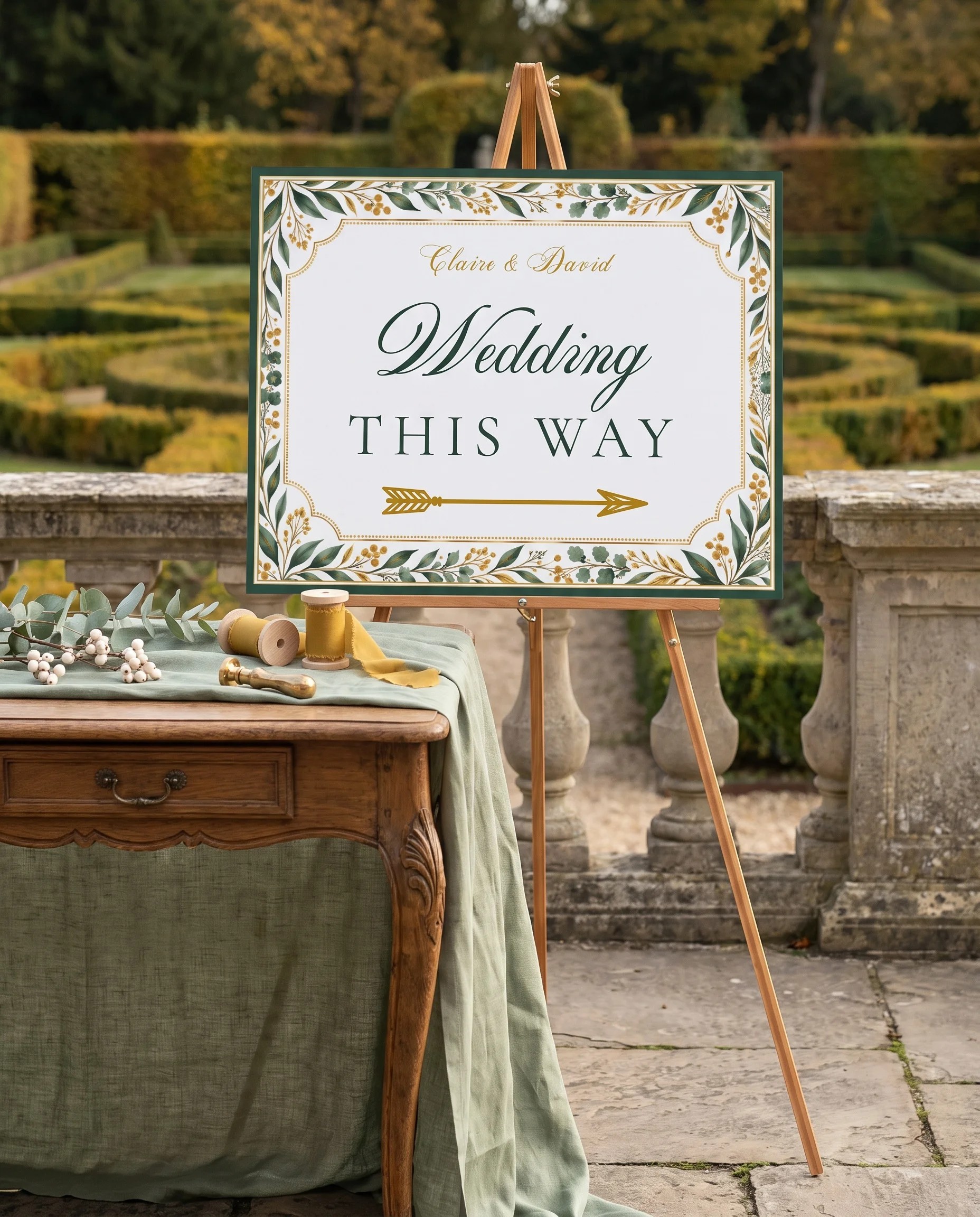 Gilded Foliage wedding directional sign — shown beside furniture for scale on premium editorial paper in soft natural light, printable wedding signs.