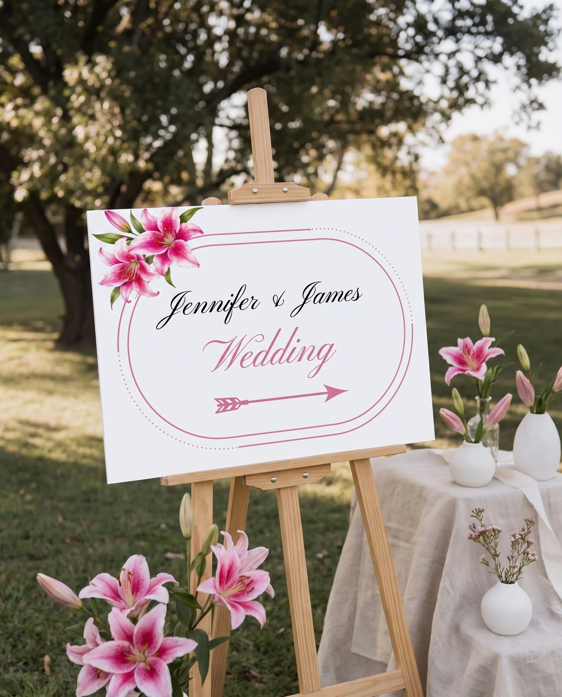 Lily Bloom wedding directional sign — displayed in a wedding venue setting under soft natural light, elegant wedding signage.