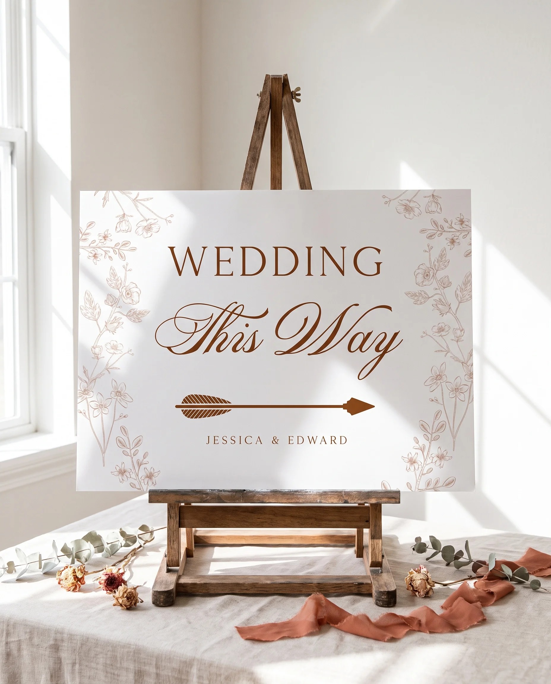 Petalcrest wedding directional sign — displayed on an easel under soft natural light at a slight overhead angle, wedding signs