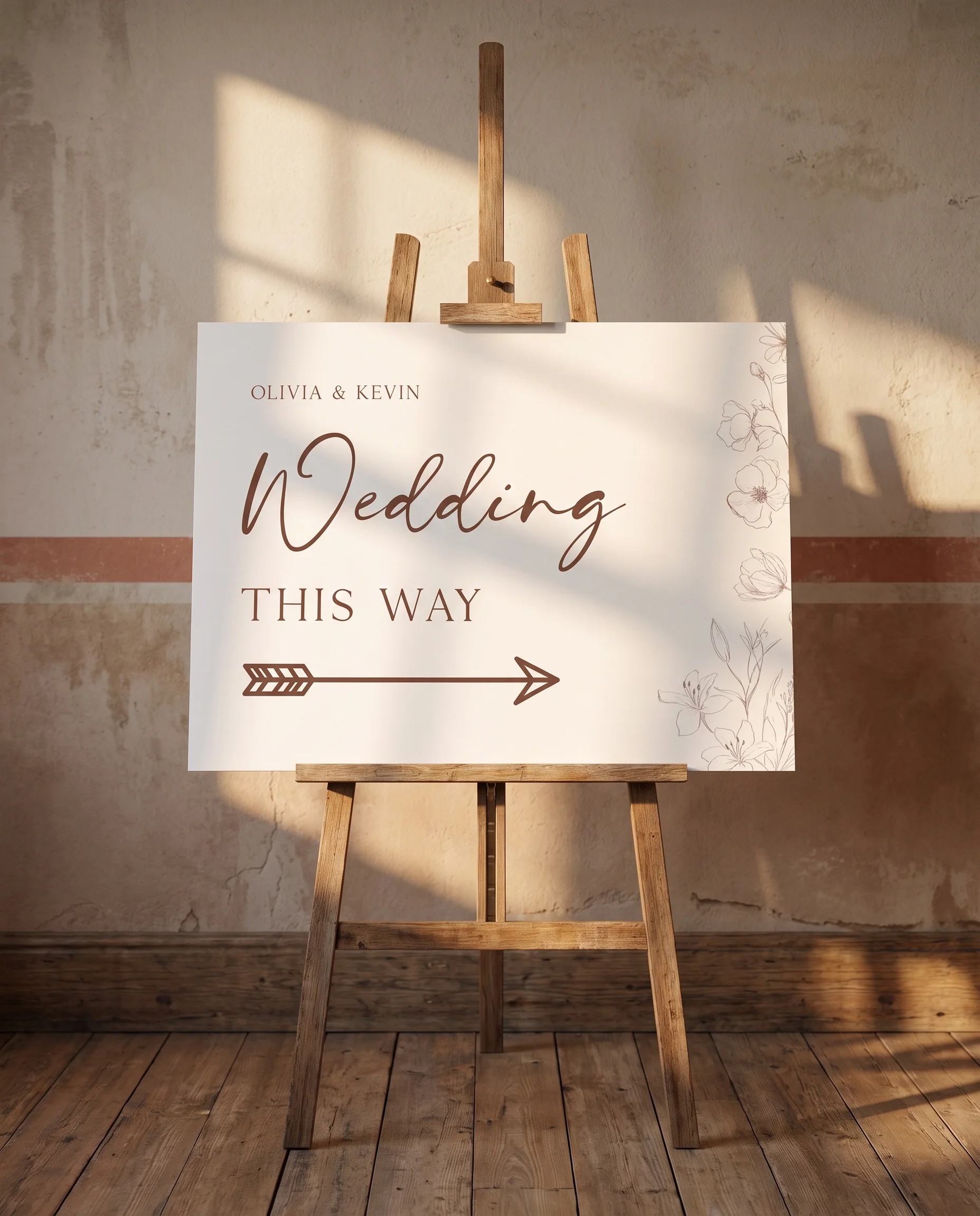 Arrow Bloom wedding directional sign — displayed on an easel under soft natural light, slight overhead angle, wedding signs