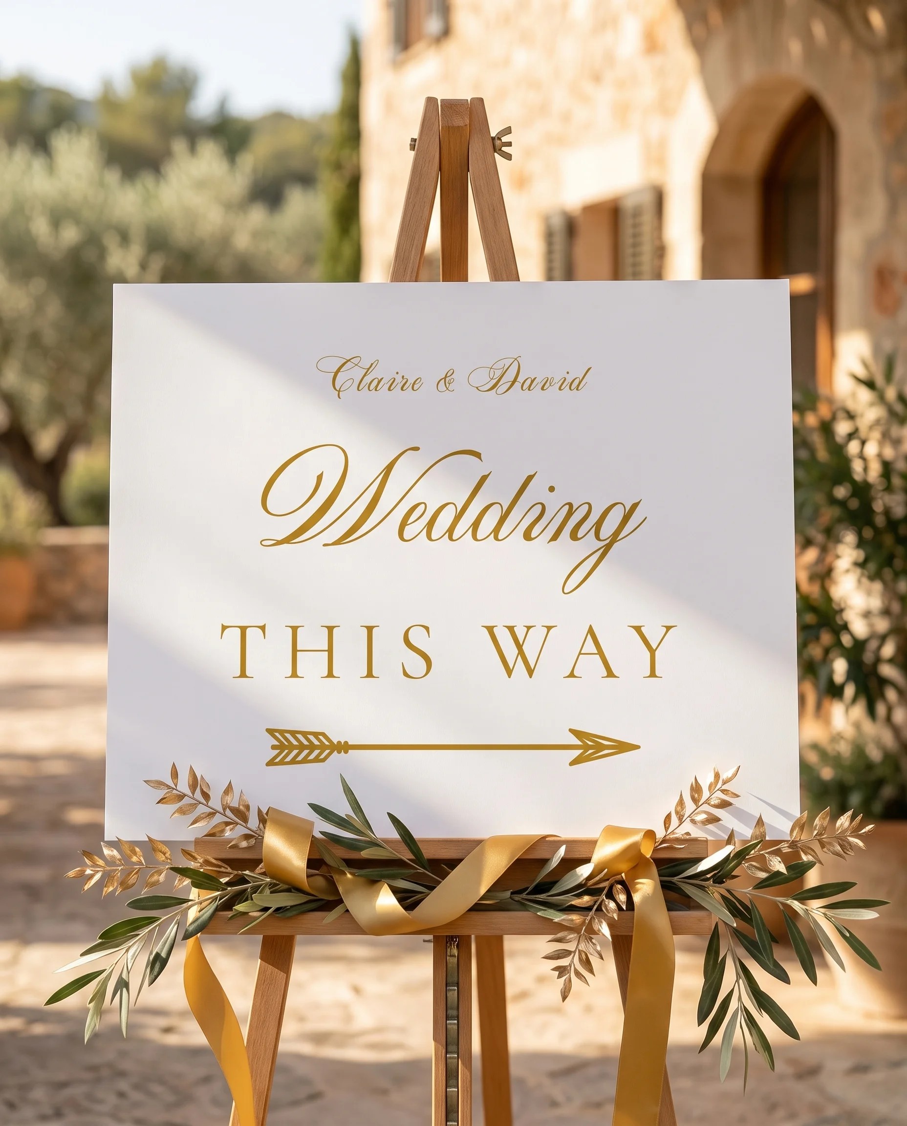 Gilded Arrow wedding directional sign — displayed in a wedding venue setting under soft natural light, elegant wedding signage.