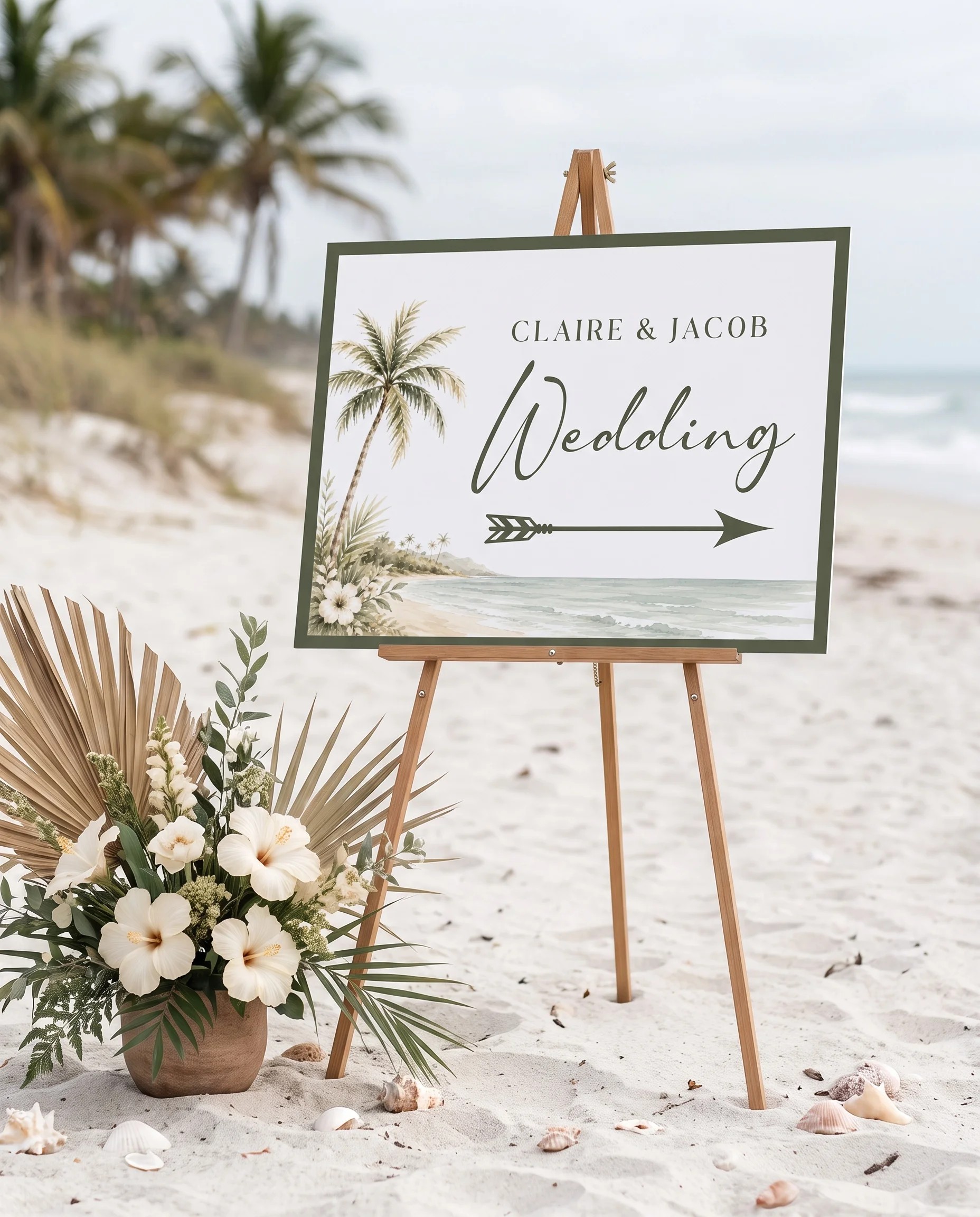 Palmetto Shore wedding directional sign — shown in a wedding venue setting under soft natural light with a slight overhead angle, wedding signage.
