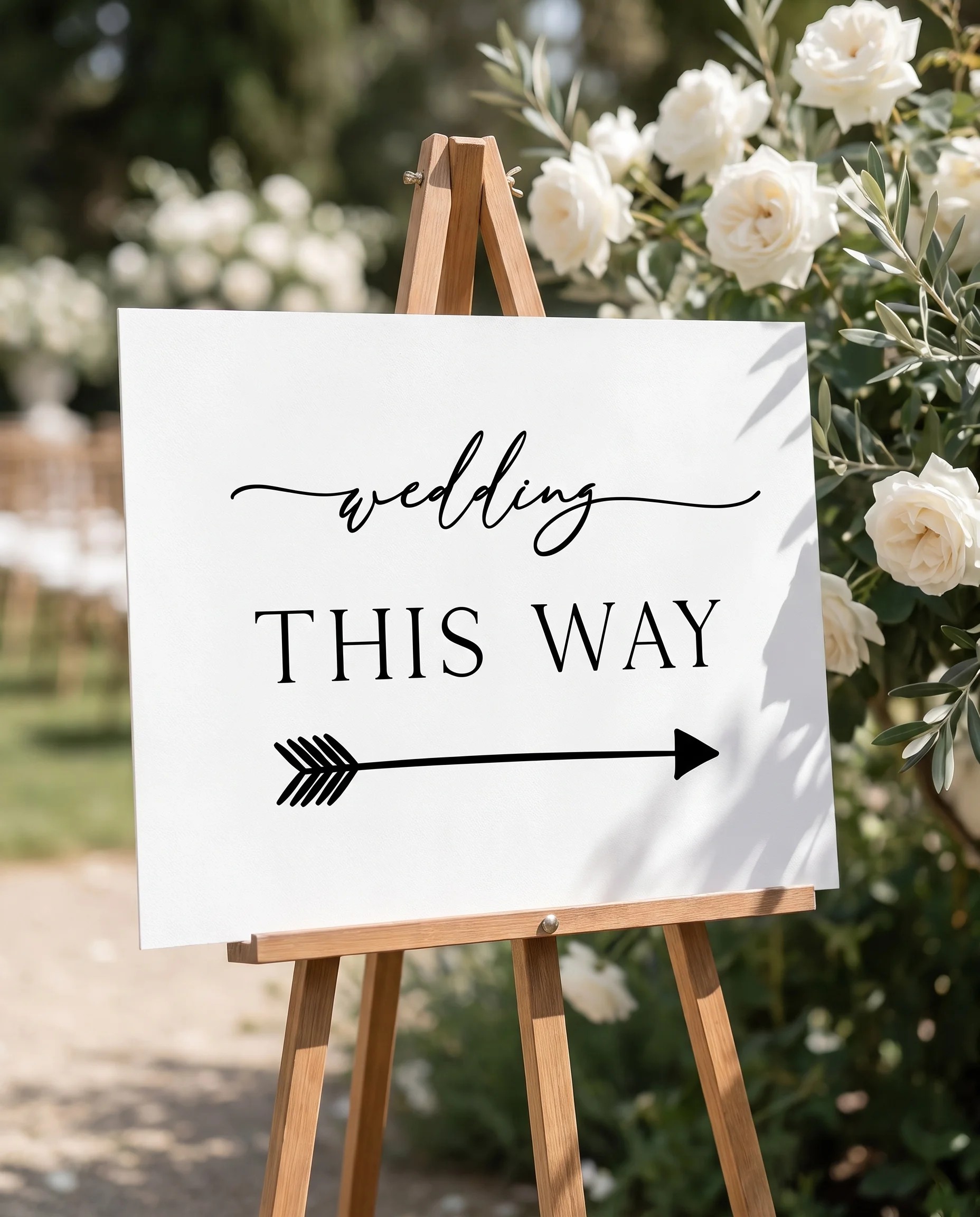 Quiet Line wedding directional sign — displayed in a wedding venue setting under soft natural light, premium editorial wedding signage.