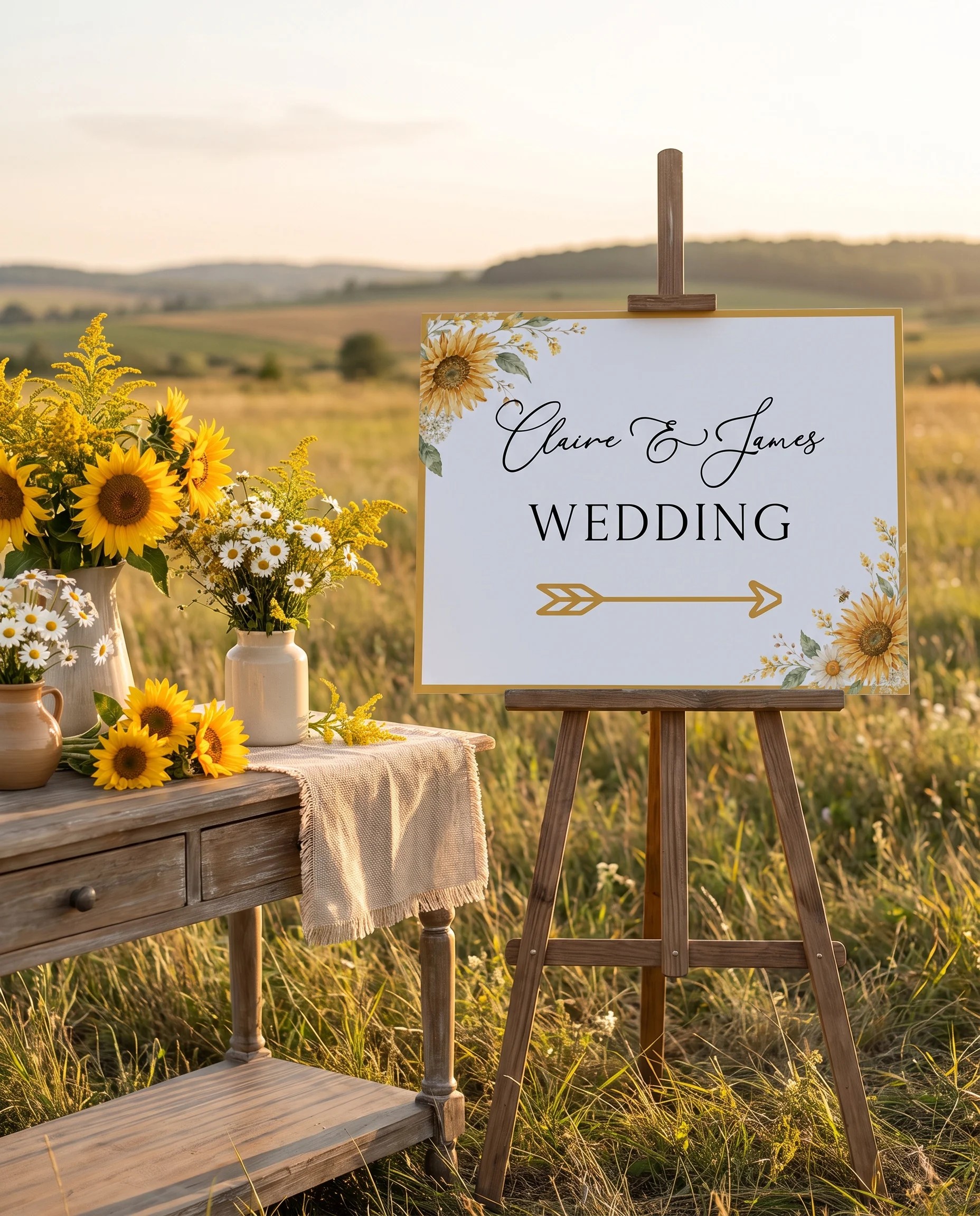 Honeyfield wedding directional sign shown beside furniture for scale on premium paper under soft natural light, printable wedding signs.