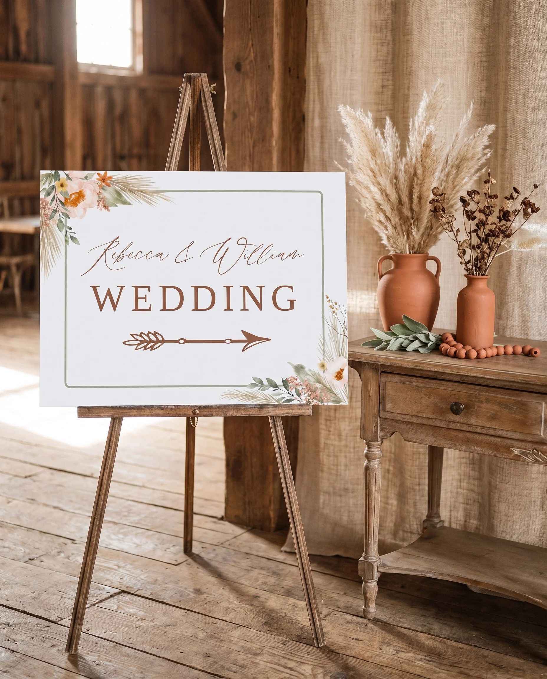 Prairie Fern wedding directional sign — shown beside furniture for scale under soft natural light, printable wedding signs.
