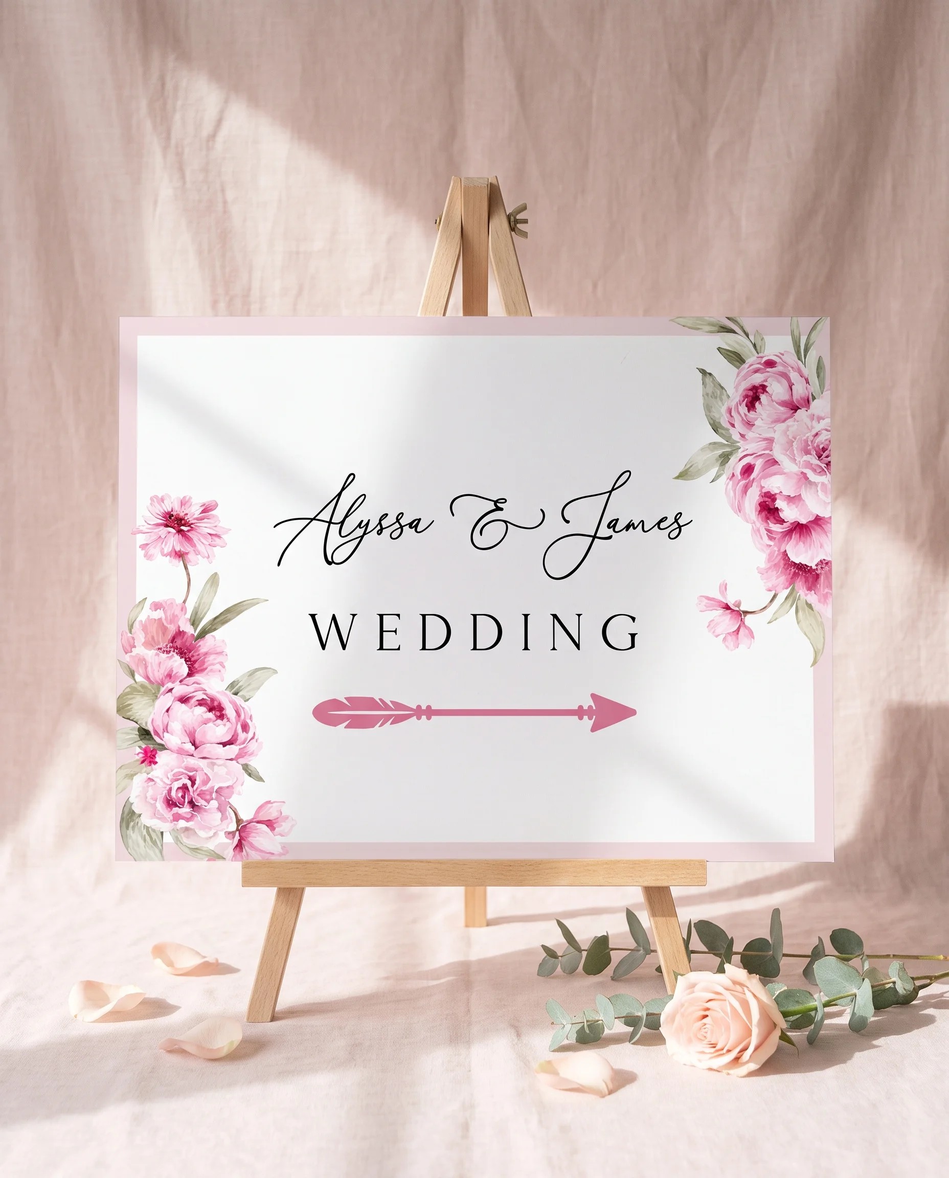 Blush Peony wedding directional sign — displayed on an easel under soft natural light at a slight overhead angle, wedding signs.