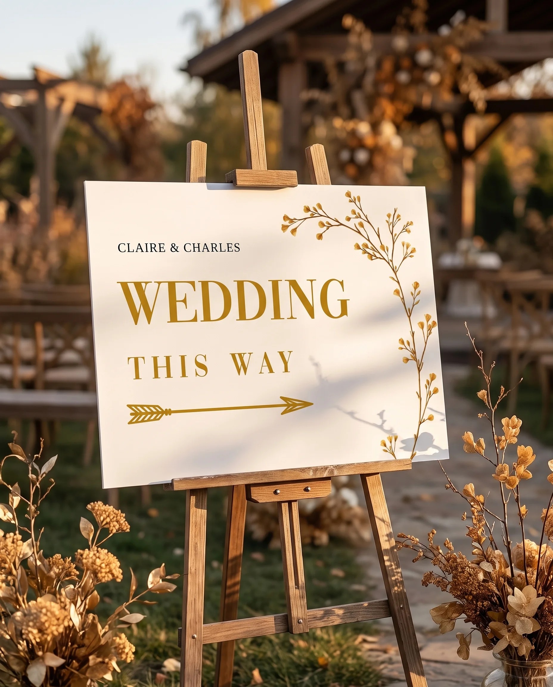 Golden Vine wedding directional sign — displayed in a wedding venue setting under soft natural light, wedding signage.
