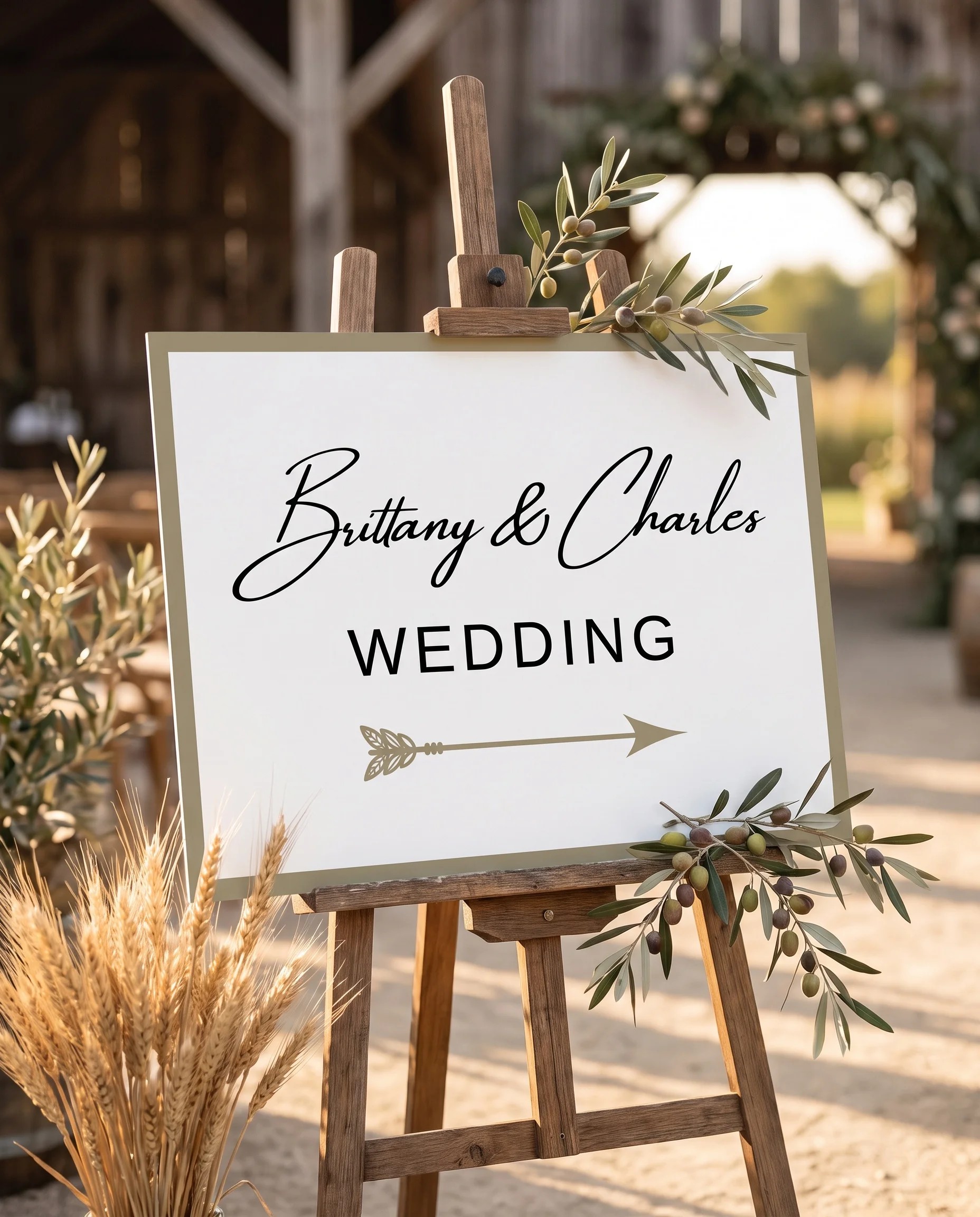 Golden Vale wedding directional sign — displayed in a wedding venue setting under soft natural light with a slight overhead angle, wedding signage.