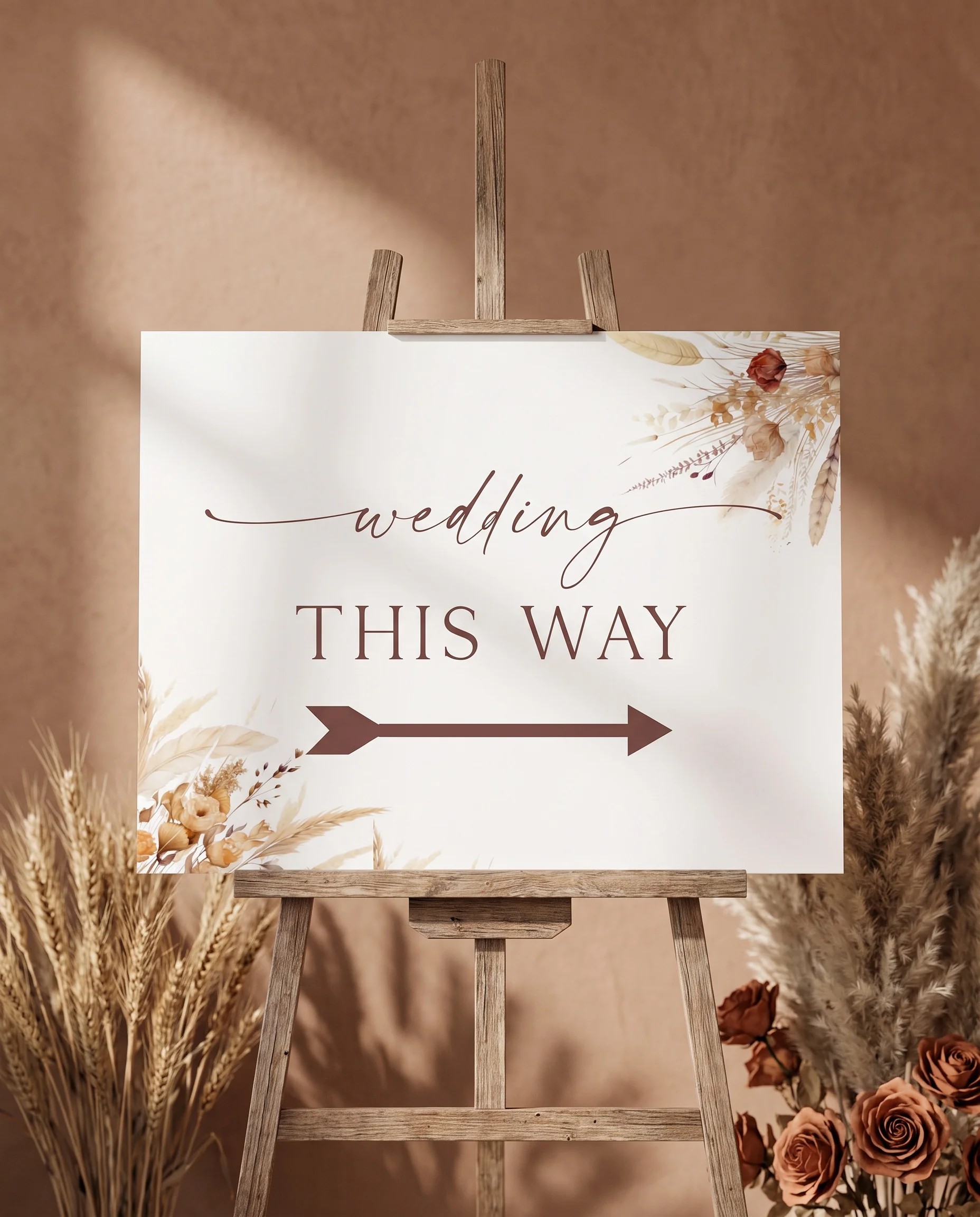 Harvest Script wedding directional sign — displayed on an easel under soft natural light at a slight overhead angle, wedding signs