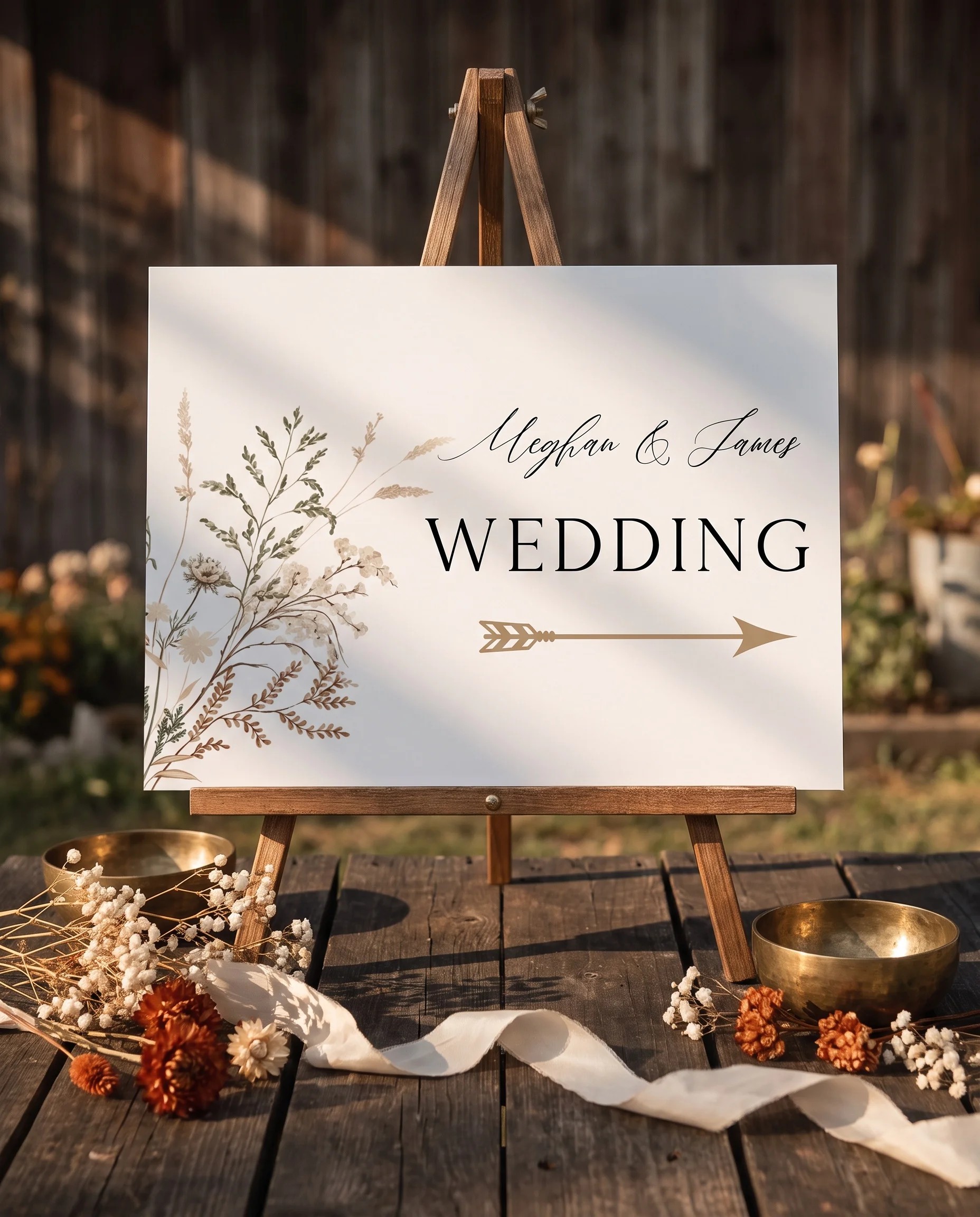 Bramble Court wedding directional sign — displayed on an easel under soft natural light at a slight overhead angle, wedding signs