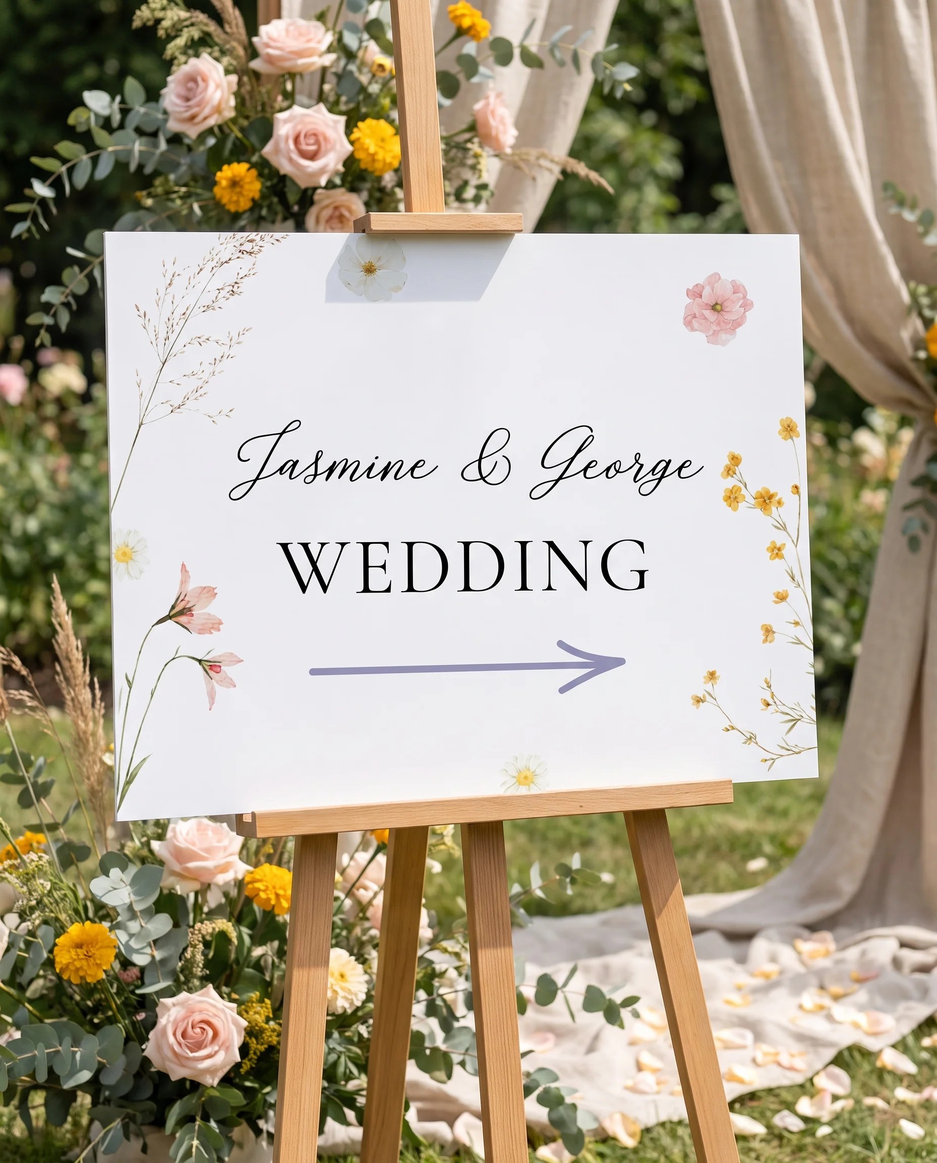 Marigold Petal wedding directional sign — displayed in a wedding venue setting under soft natural overhead light, wedding signage.