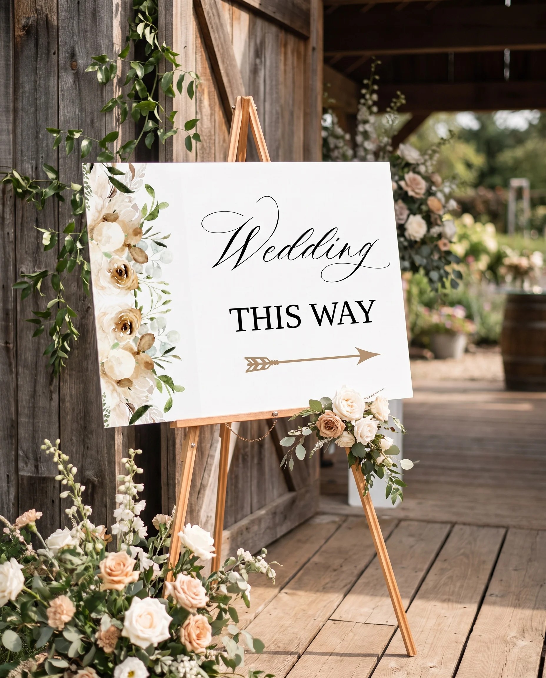 Meadow Veil wedding directional sign — displayed at a wedding venue under soft natural light, wedding signage.
