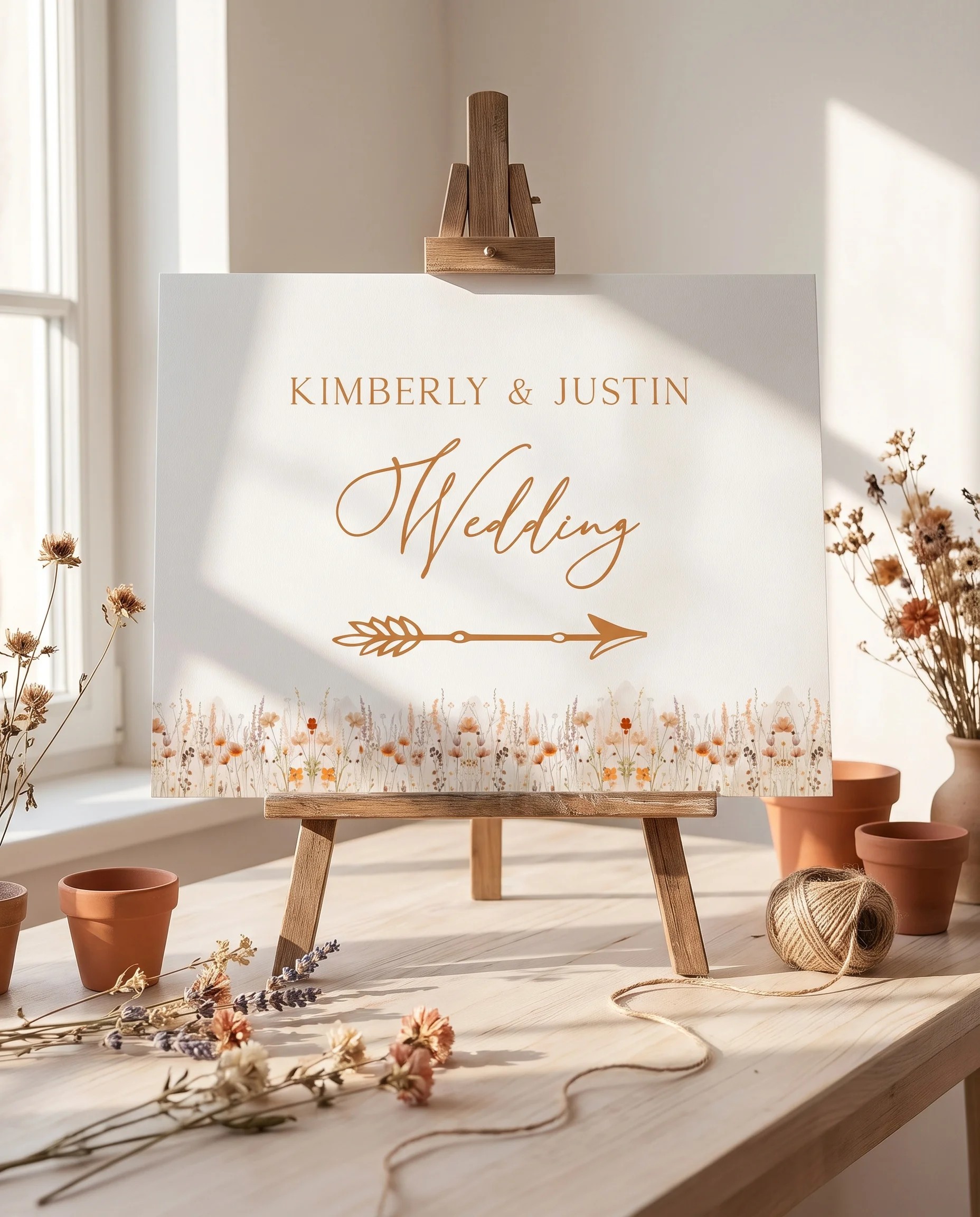 Amber Meadow wedding directional sign — displayed on an easel under soft natural light at a slight overhead angle, wedding signs.