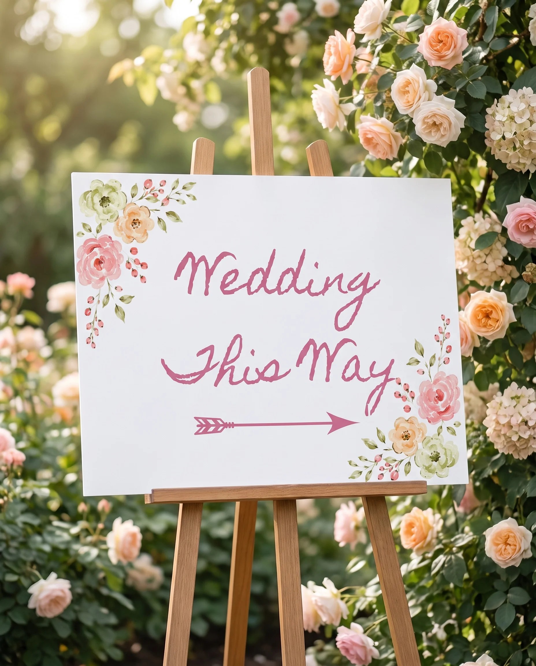 Blush Garland wedding directional sign — displayed in a wedding venue setting under soft natural light, wedding signage.