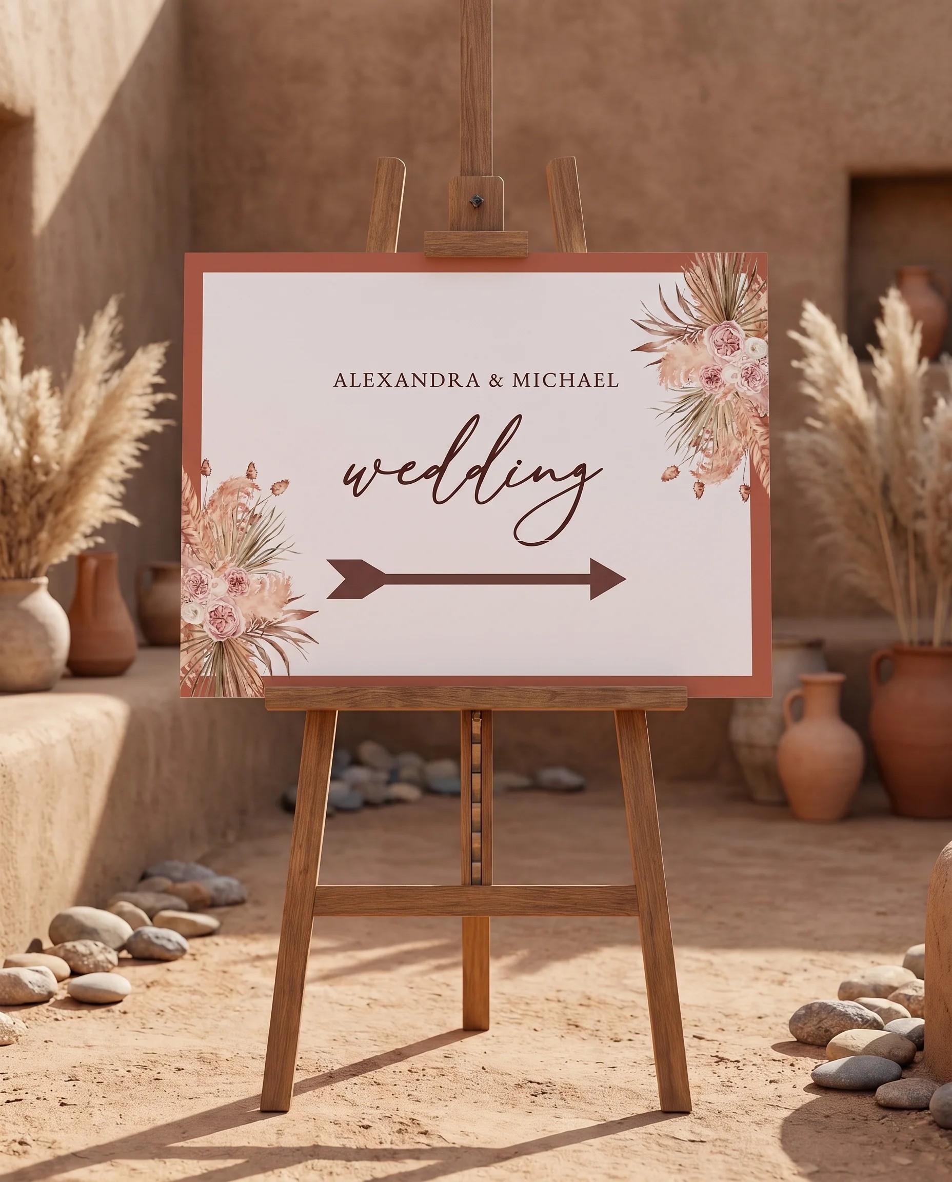 Desert Bloom wedding directional sign — displayed on an easel under soft natural light at a slight overhead angle, wedding signs