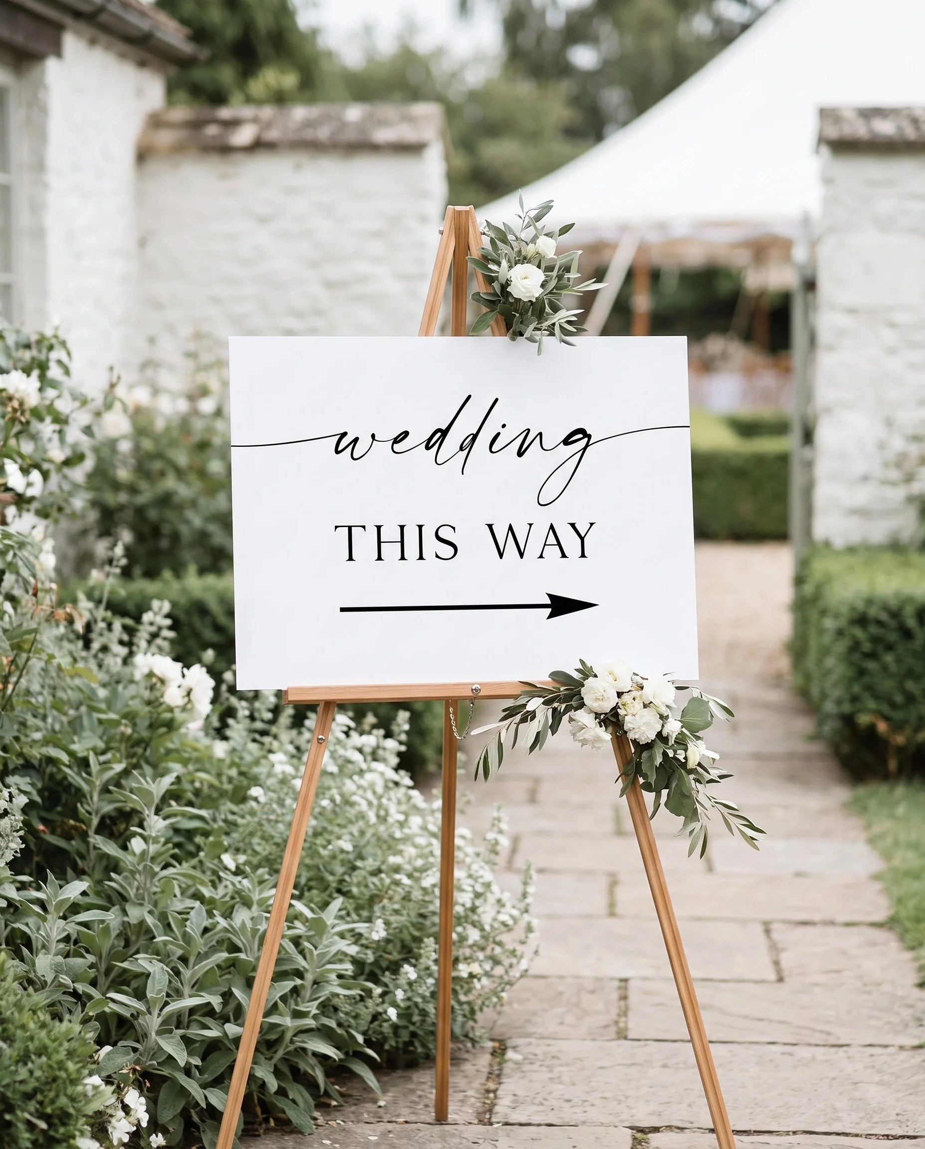 Liminal wedding directional sign — shown in a wedding venue setting under soft natural light, wedding signage
