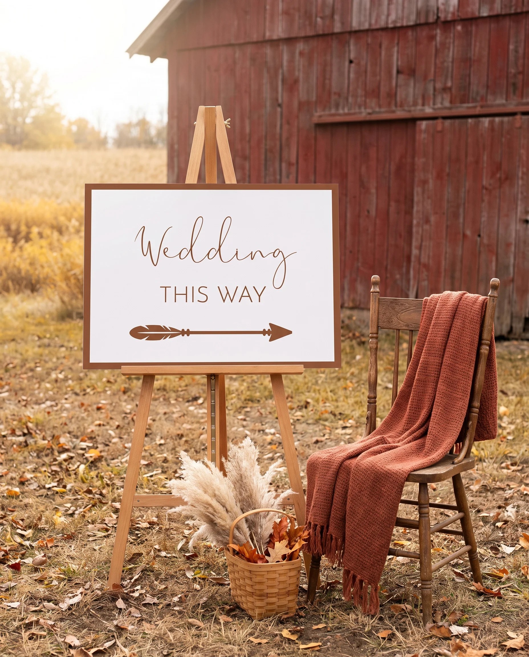 Stevens wedding directional sign — shown beside furniture for scale under soft natural light, printable wedding signs.