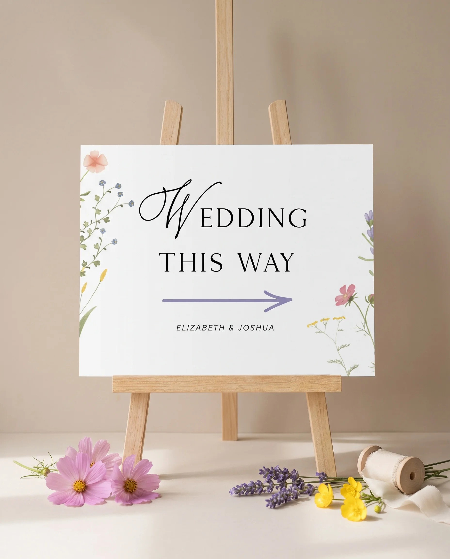 Floret Veil wedding directional sign — displayed on an easel under soft natural light with a slight overhead angle, wedding signs