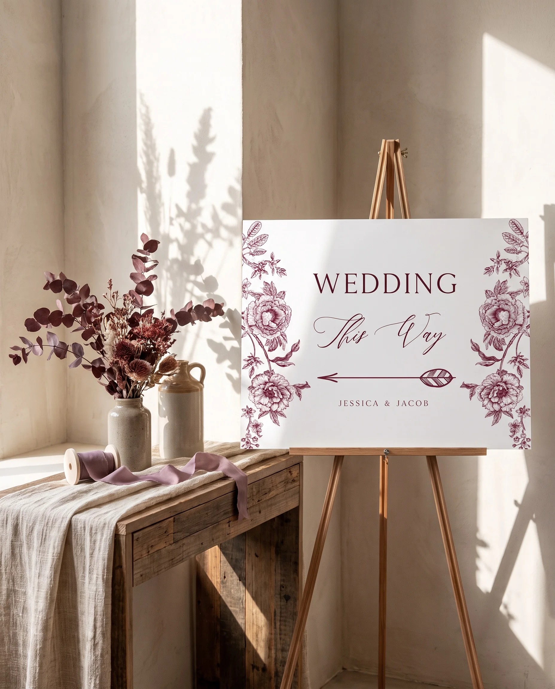 Chantilly wedding directional sign — shown beside furniture for scale on premium editorial paper under soft natural light, printable wedding signs.
