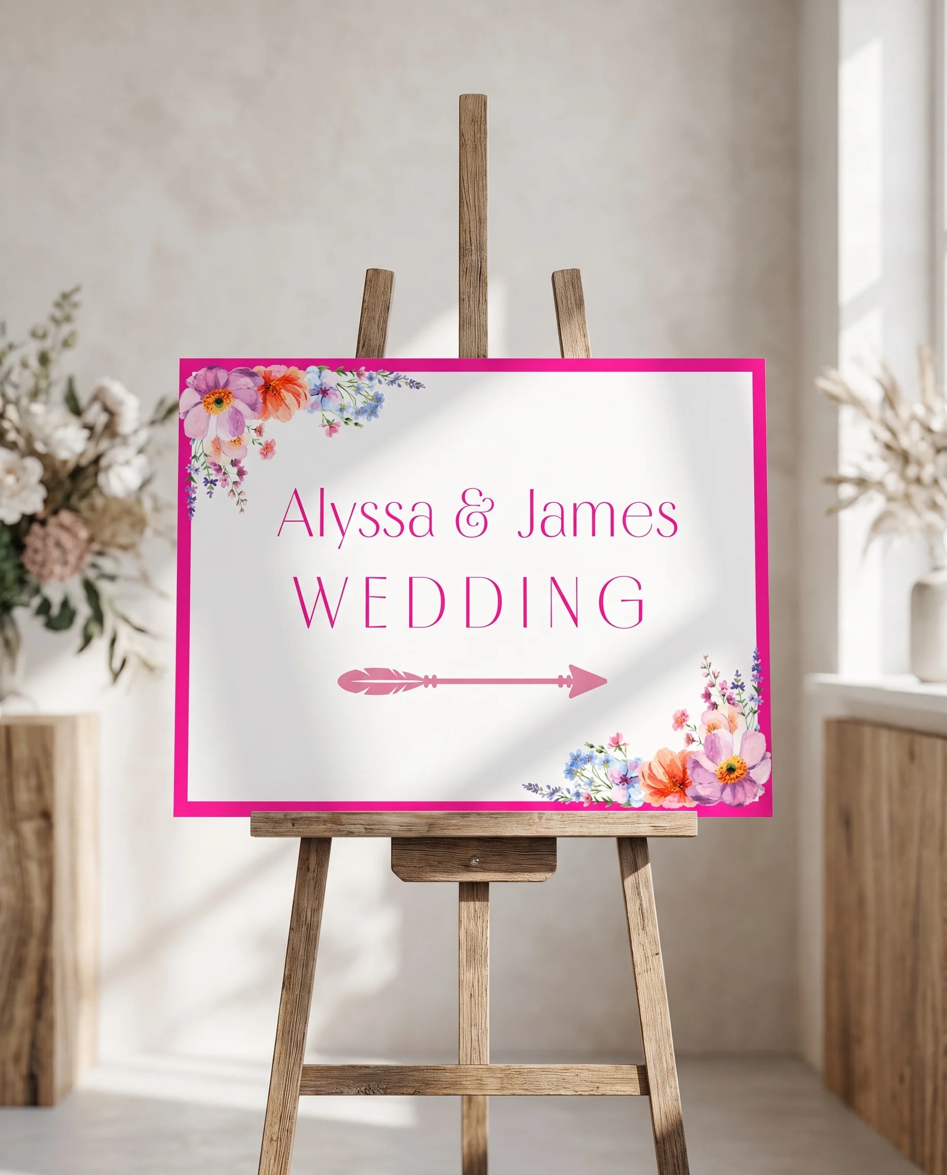 Wildmeadow Bouquet wedding directional sign — displayed on an easel under soft natural light with a slight overhead angle, wedding signs